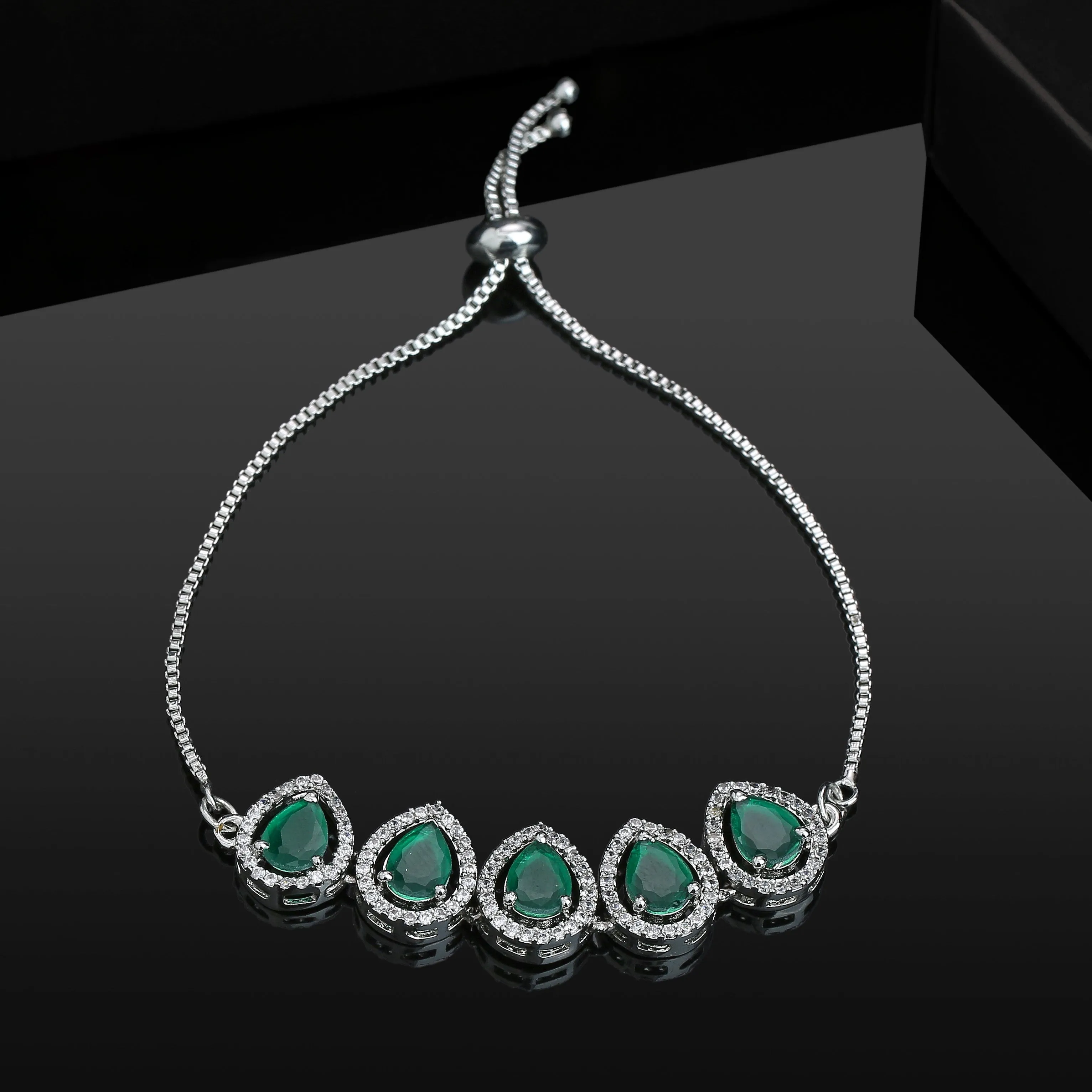 Estele Rhodium Plated CZ Precious Pears Bracelet with Emerald for Women