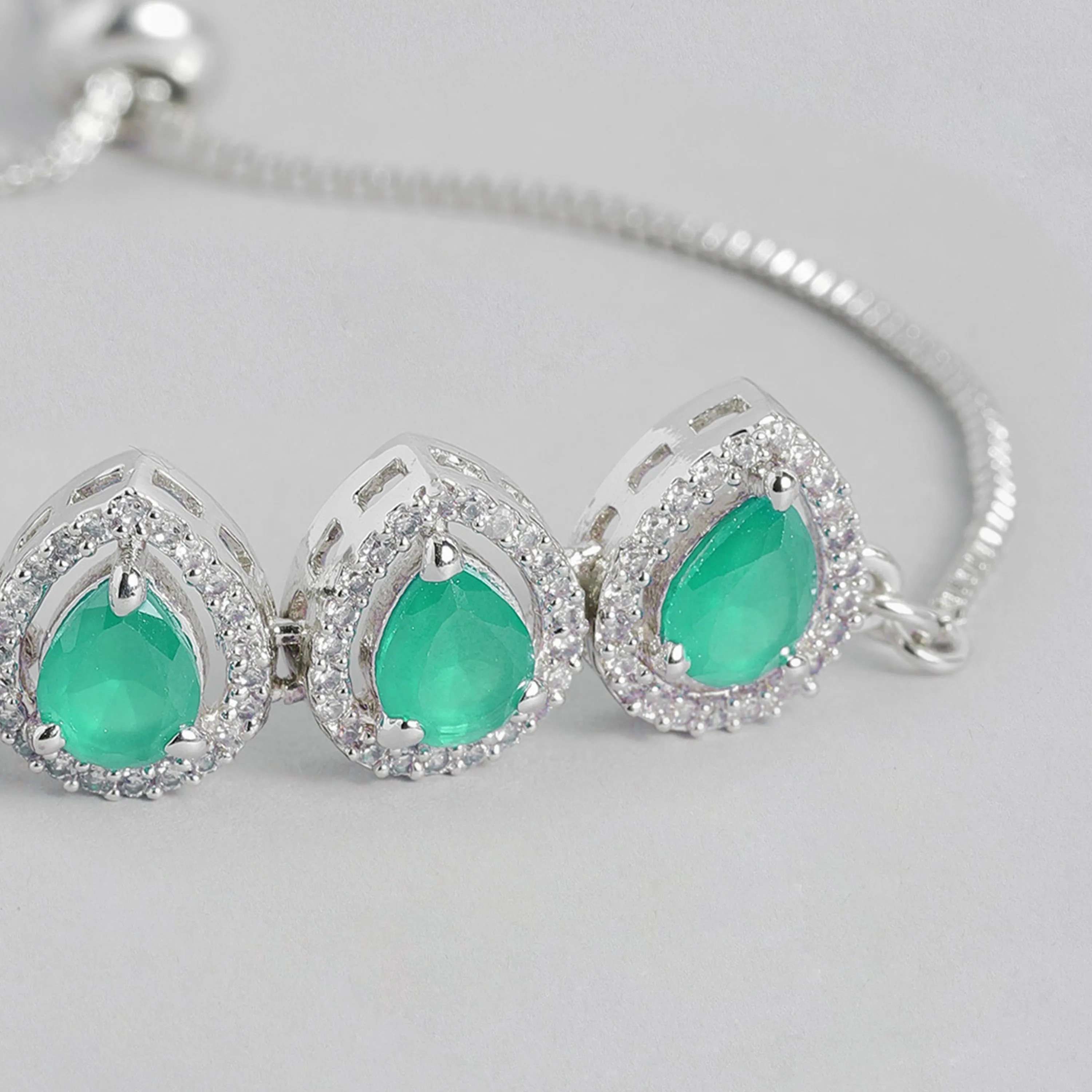 Estele Rhodium Plated CZ Precious Pears Bracelet with Emerald for Women