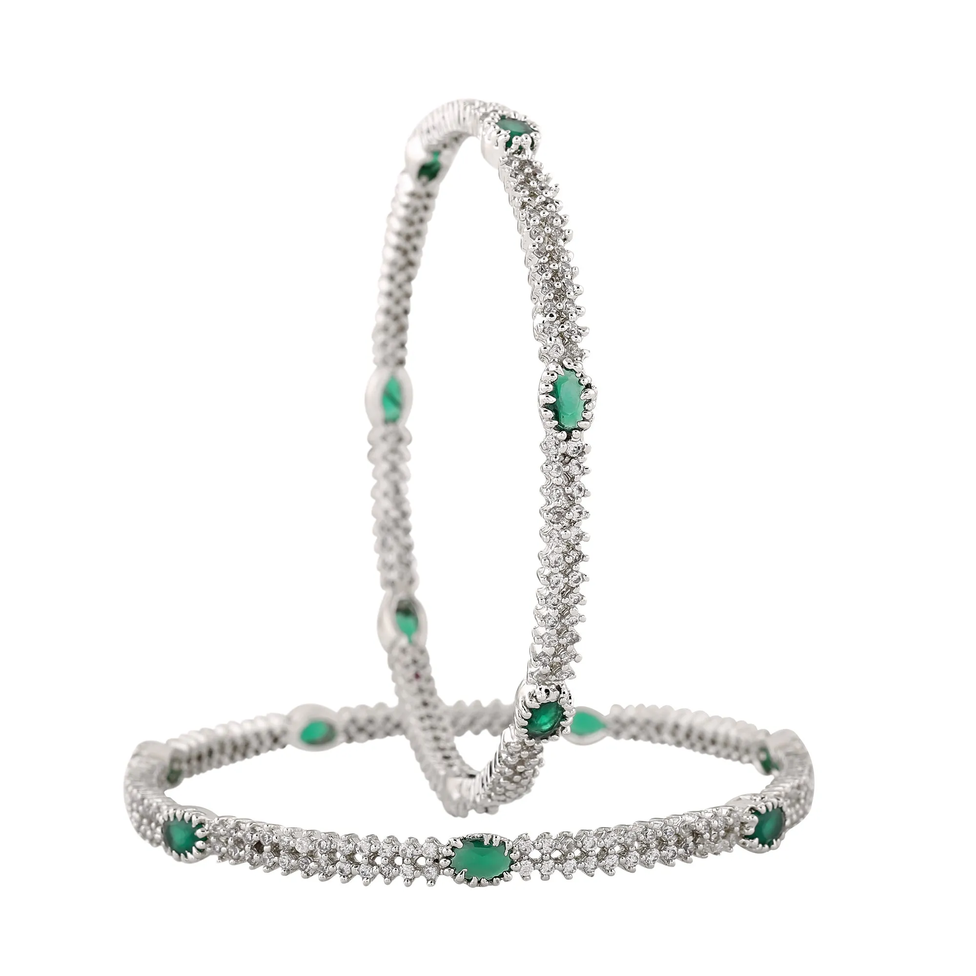 Estele Rhodium Plated Luxurious Green & White American Diamonds 2:6 Size Bangles| Modern & Graceful Jewelry for Women
