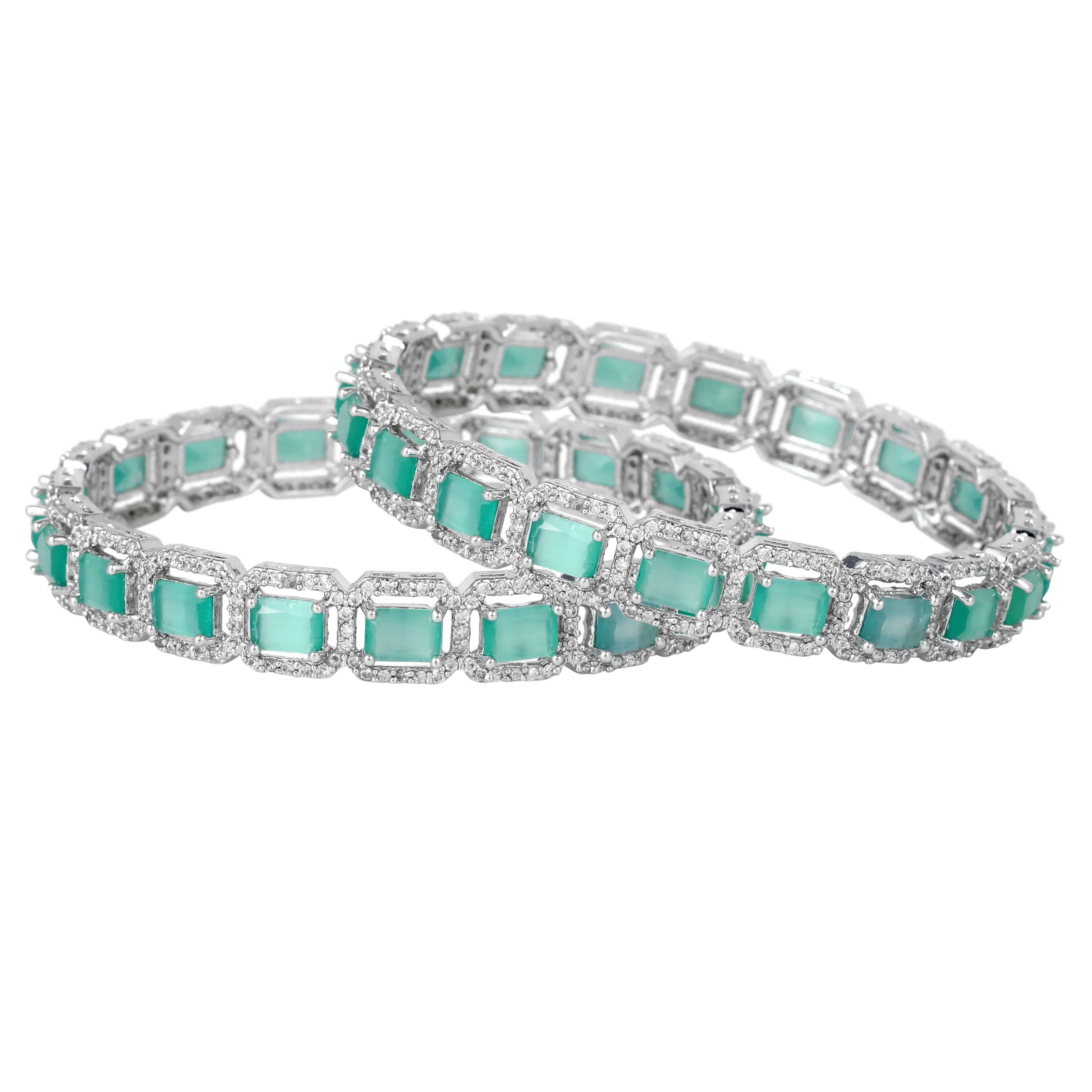 Estele Rhodium Plated Radiant Square Pattern Mint Green American Diamond Bangles |Available Sizes 2:4, 2:6 & 2:8| A Stunning Jewelry for Women