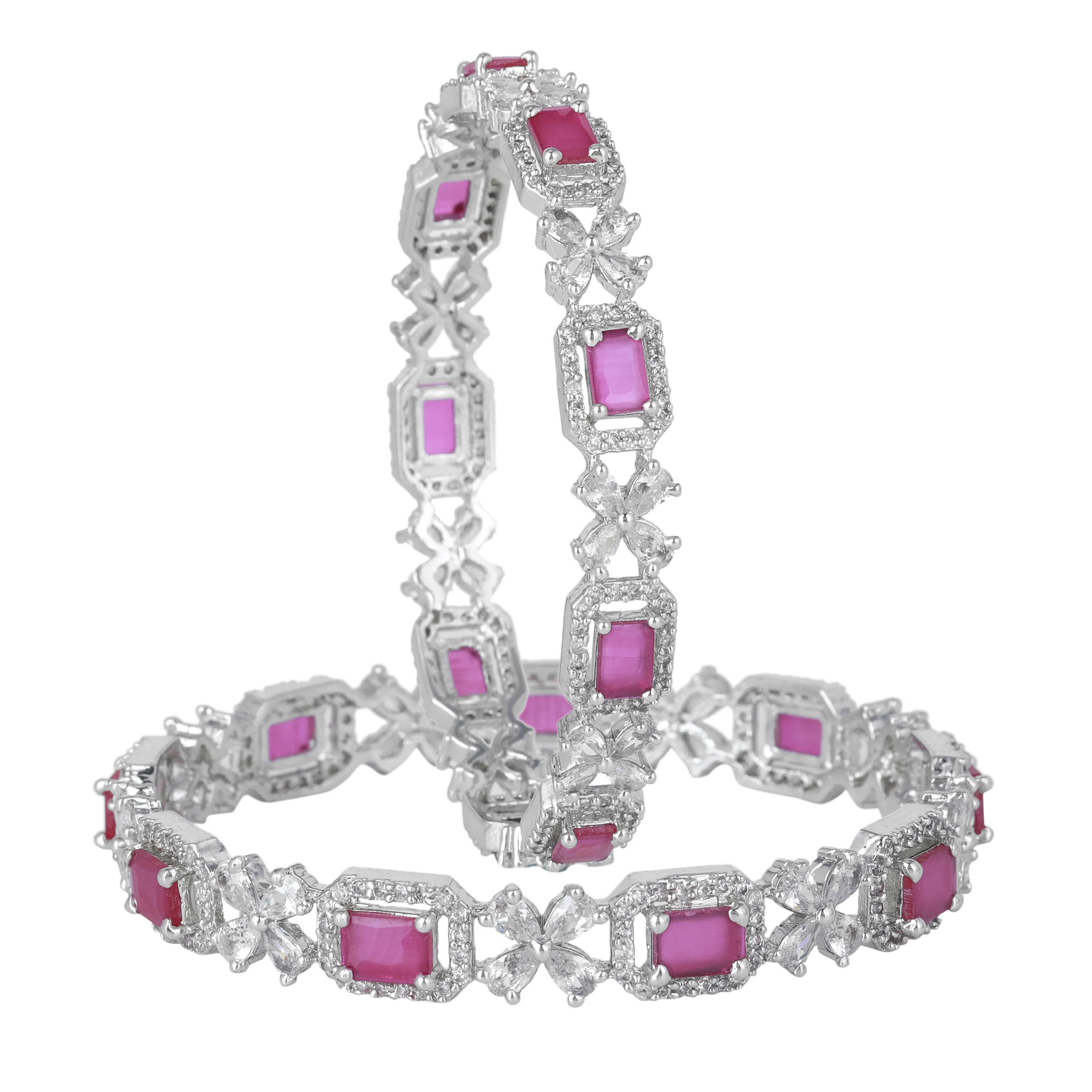 Estele Rhodium Plated Resplendent Ruby American Diamond Floral Bangles |Available in 2:4, 2:6, & 2:8 Sizes|Perfect Blend of Glamour & Elegance for Women