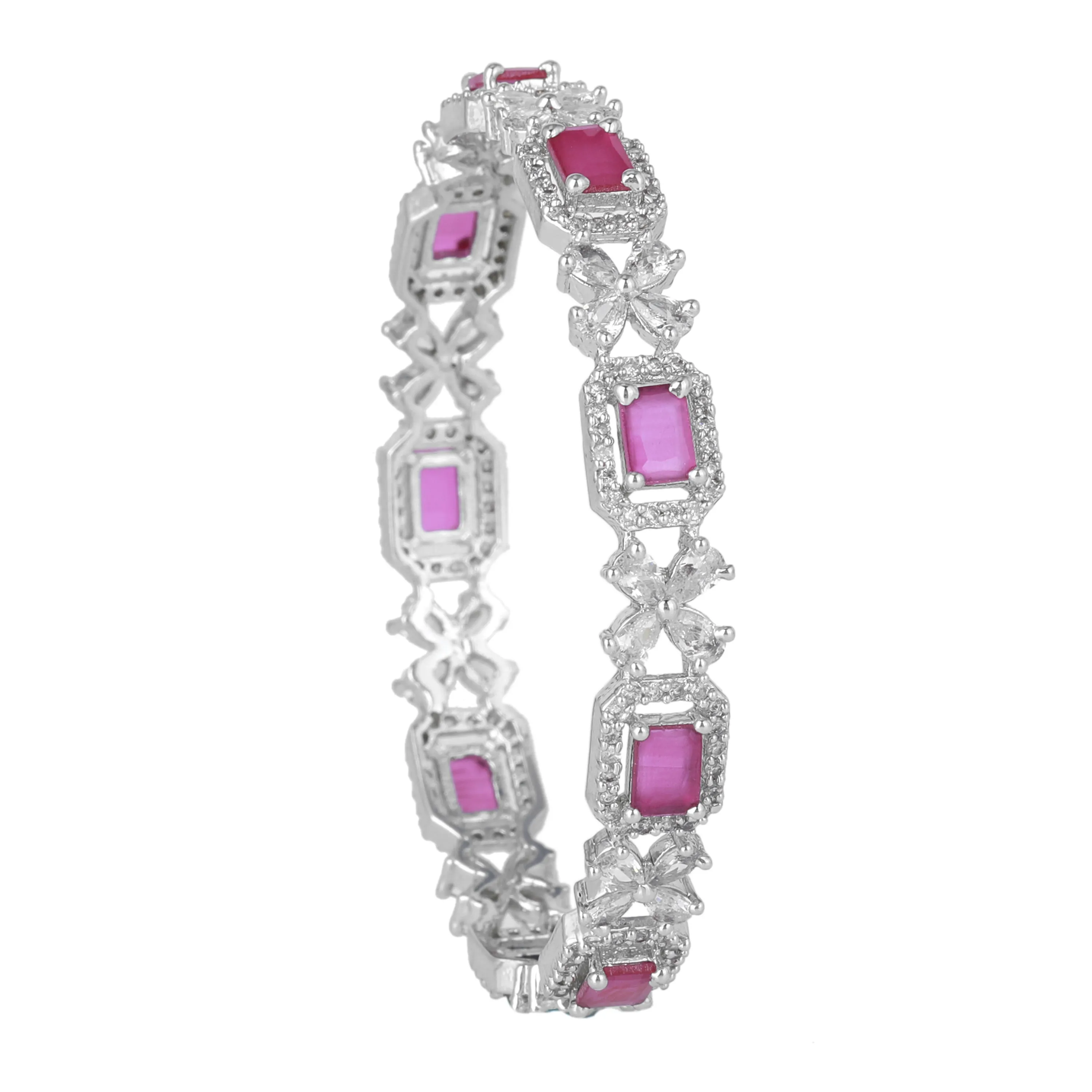 Estele Rhodium Plated Resplendent Ruby American Diamond Floral Bangles |Available in 2:4, 2:6, & 2:8 Sizes|Perfect Blend of Glamour & Elegance for Women