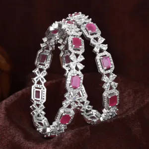 Estele Rhodium Plated Resplendent Ruby American Diamond Floral Bangles |Available in 2:4, 2:6, & 2:8 Sizes|Perfect Blend of Glamour & Elegance for Women