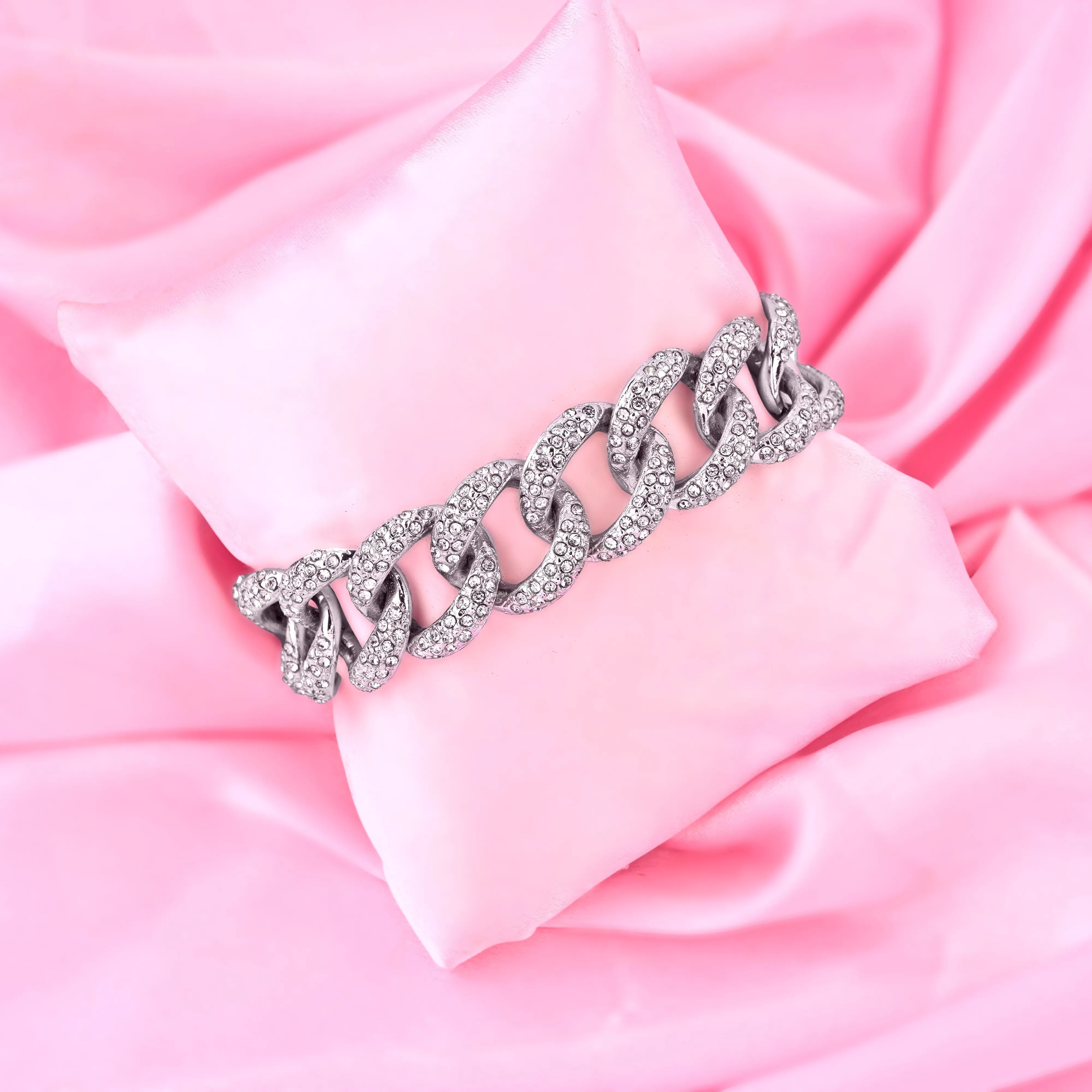 Estele Rhodium Plated Stylish Cuban Bracelet with Crystals for Women
