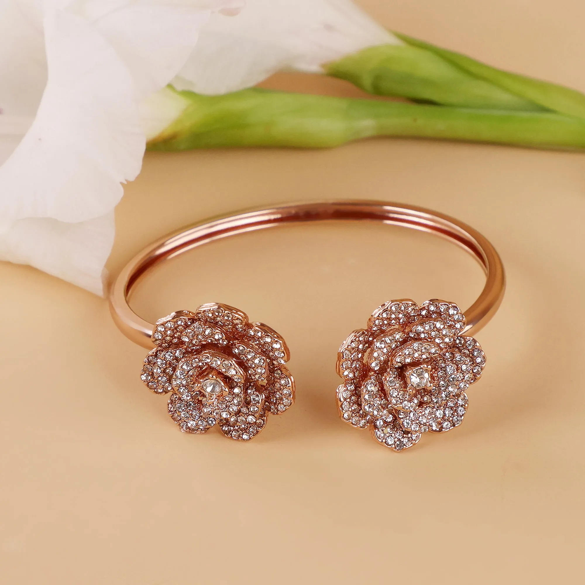 Estele Rose Collectiona??? Elegant Rose Motif Cuff Bracelet: Exclusive Rosegold Plated Floral Design for Womena??? Perfect for Stylish Daywear & Evening Glam
