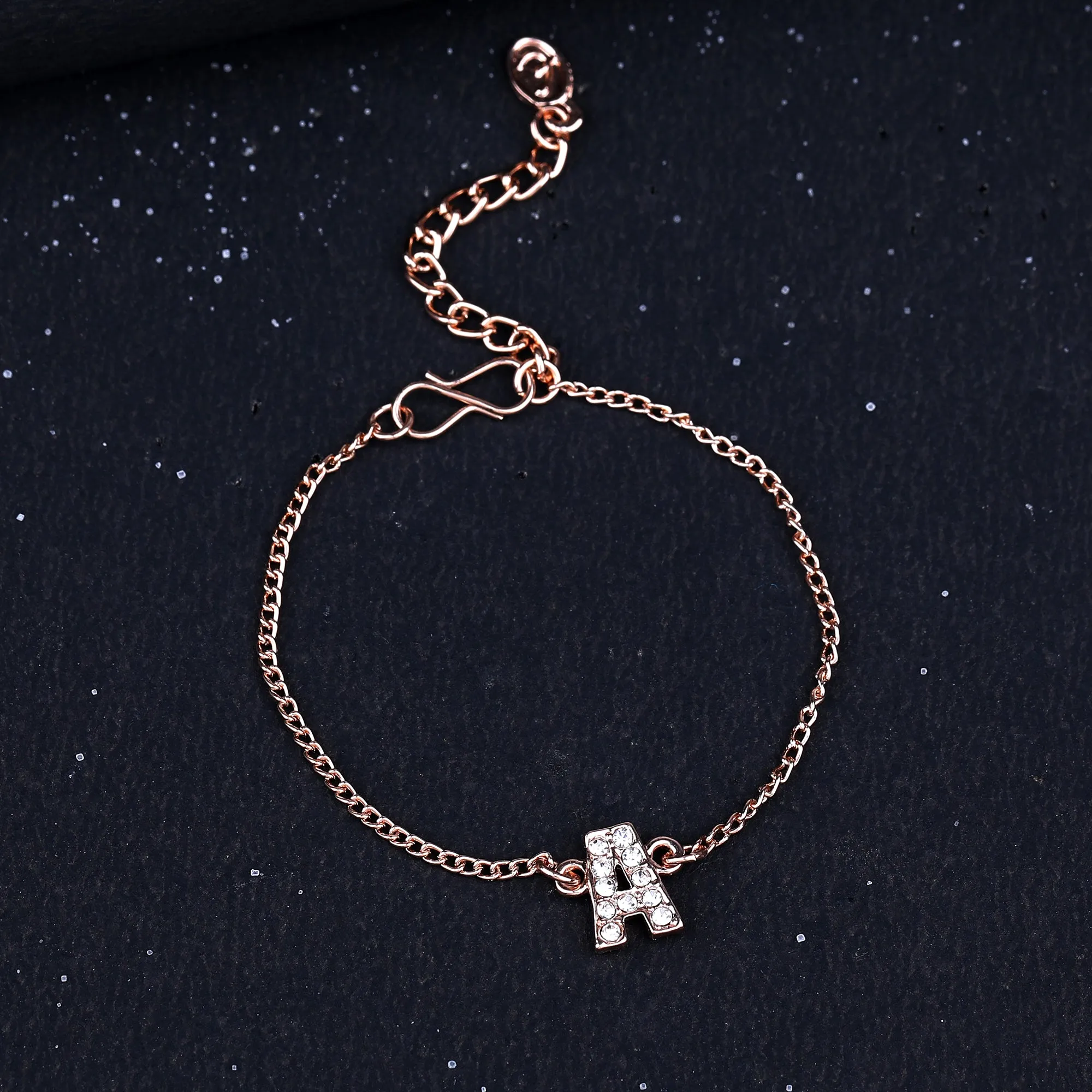 Estele Rose Gold Plated Captivating Medium 'A' Letter Bracelet with Crystals for Women