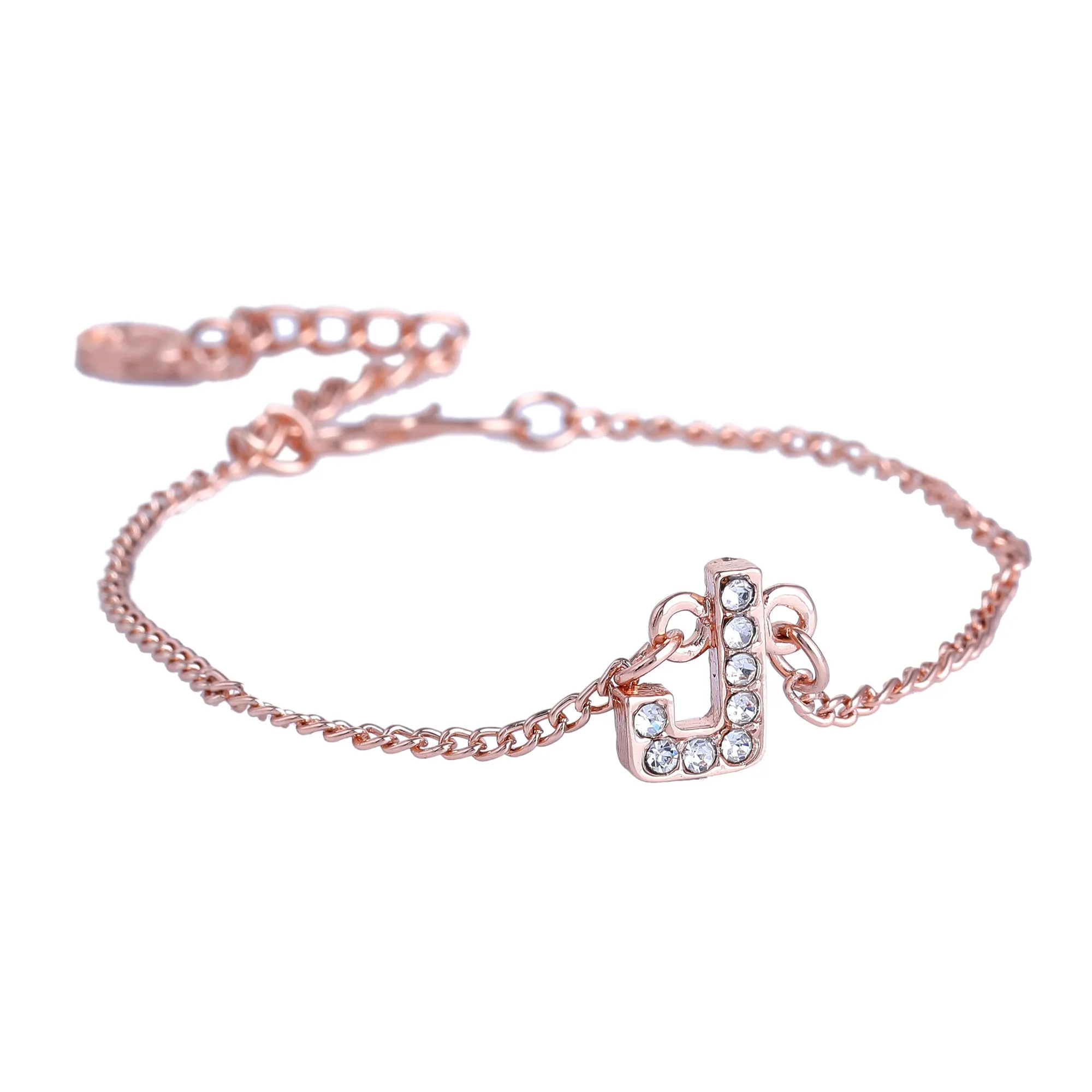 Estele Rose Gold Plated Captivating Medium 'J' Letter Bracelet with Crystals for Women