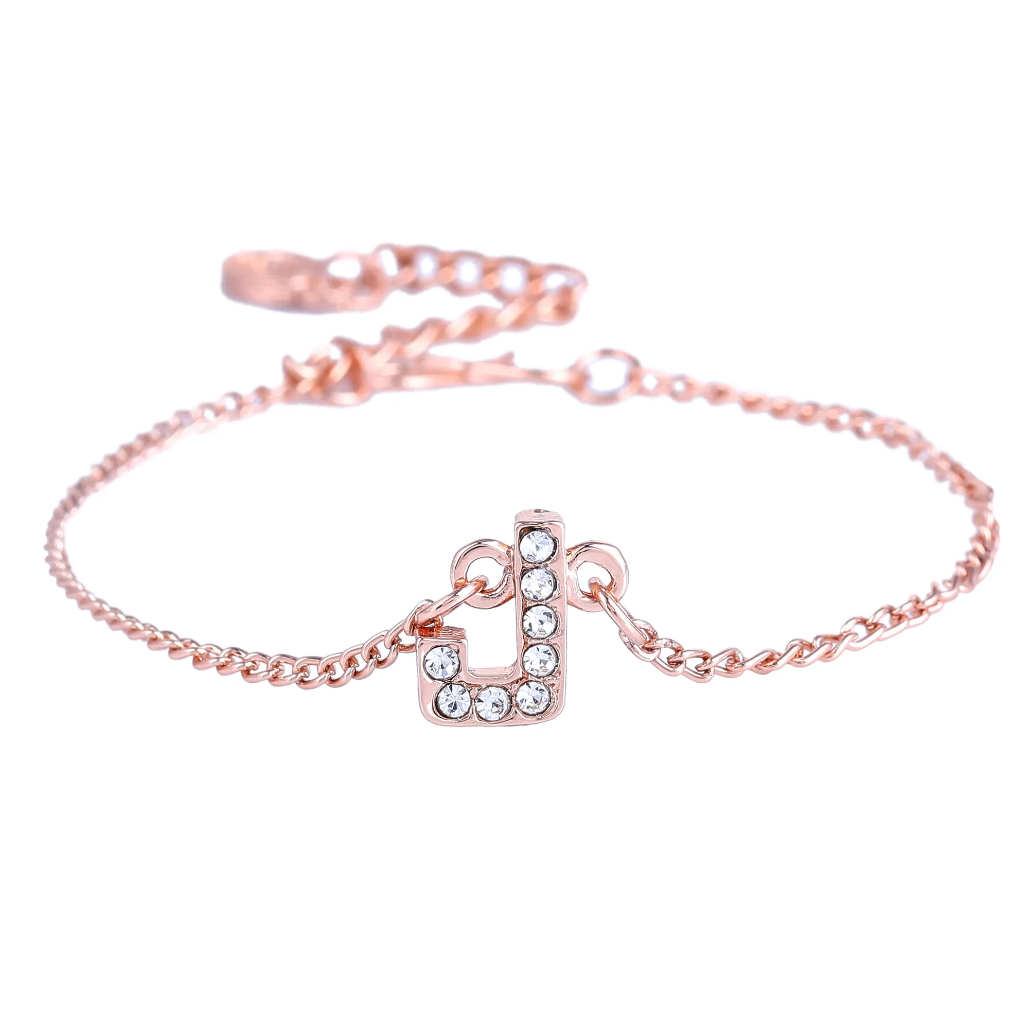Estele Rose Gold Plated Captivating Medium 'J' Letter Bracelet with Crystals for Women