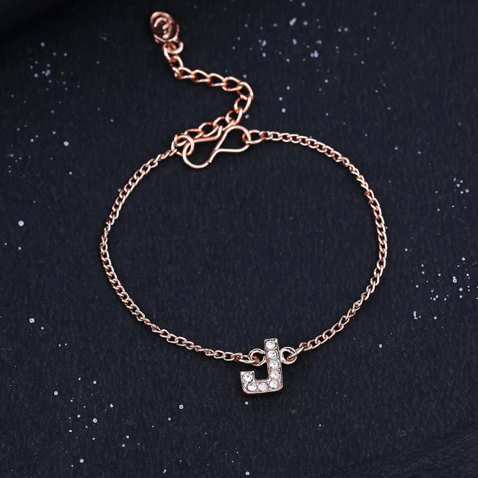Estele Rose Gold Plated Captivating Medium 'J' Letter Bracelet with Crystals for Women