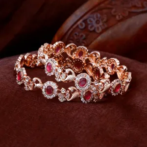 Estele Rose Gold Plated Graceful Peacock Designer 2:6 Size Bangles with Ruby American Diamond|Elegant Traditional Jewelry for Women