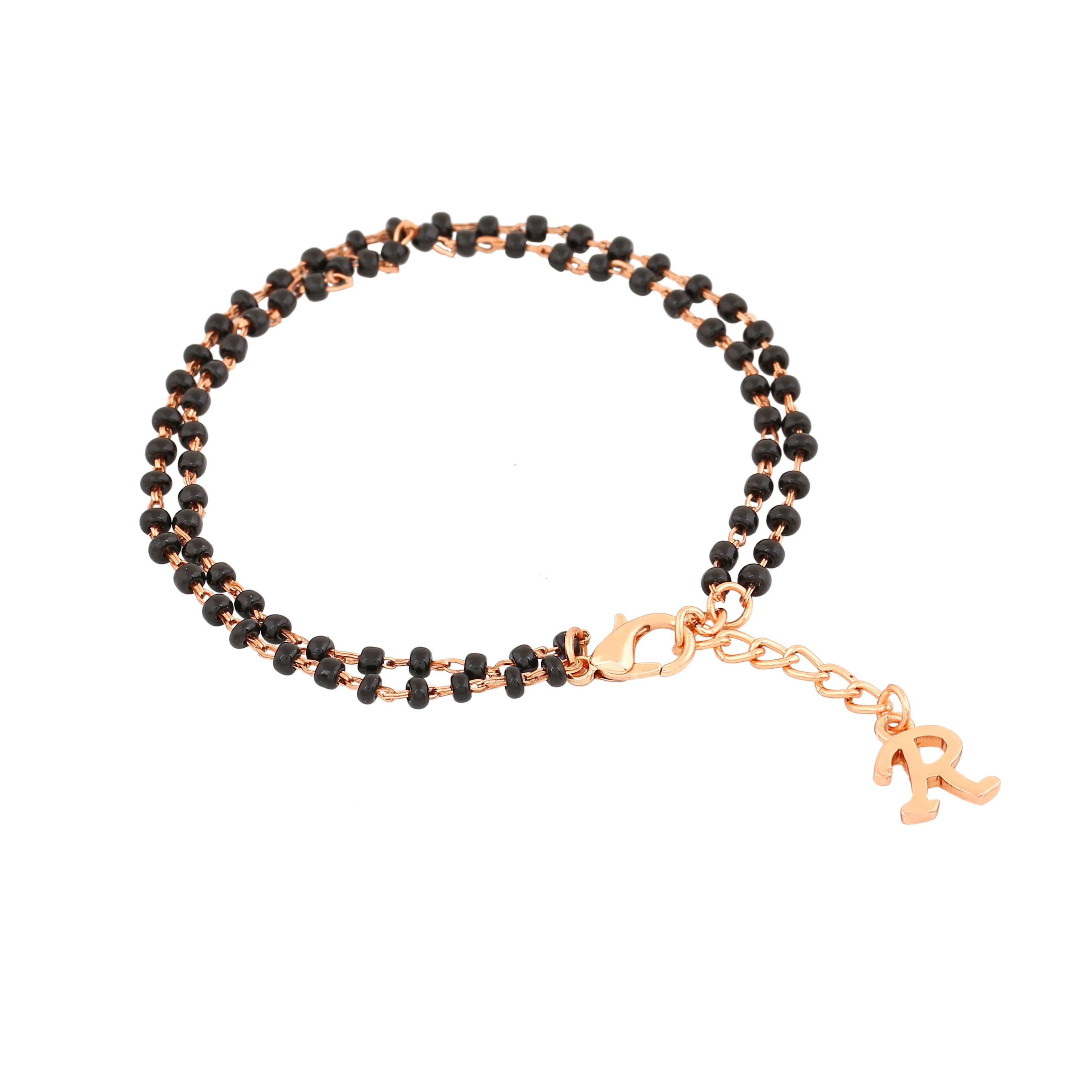 Estele Rose Gold Plated Personalized "R" Initial Mangalsutra Charm Bracelet with Black Beads for Women