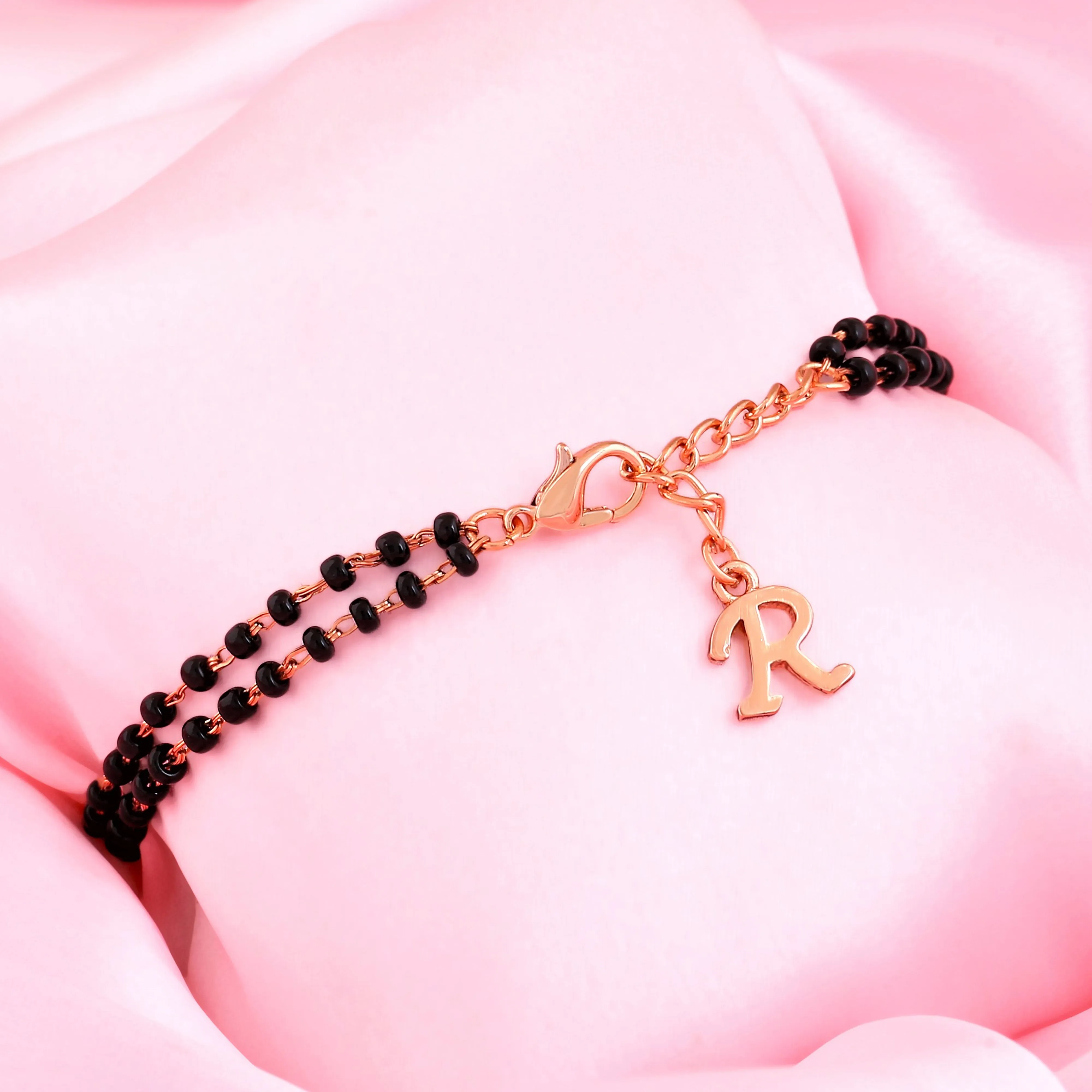 Estele Rose Gold Plated Personalized "R" Initial Mangalsutra Charm Bracelet with Black Beads for Women