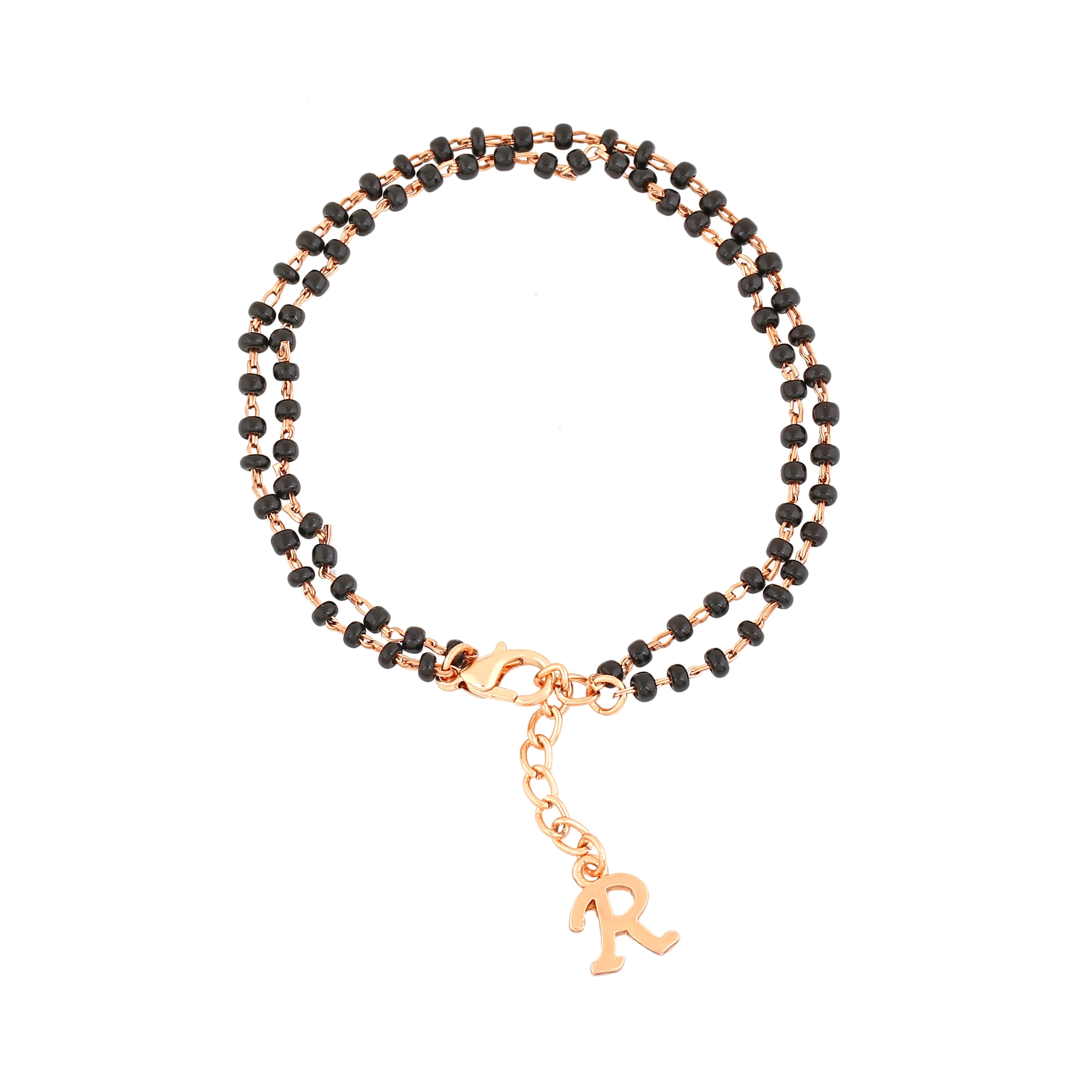 Estele Rose Gold Plated Personalized "R" Initial Mangalsutra Charm Bracelet with Black Beads for Women