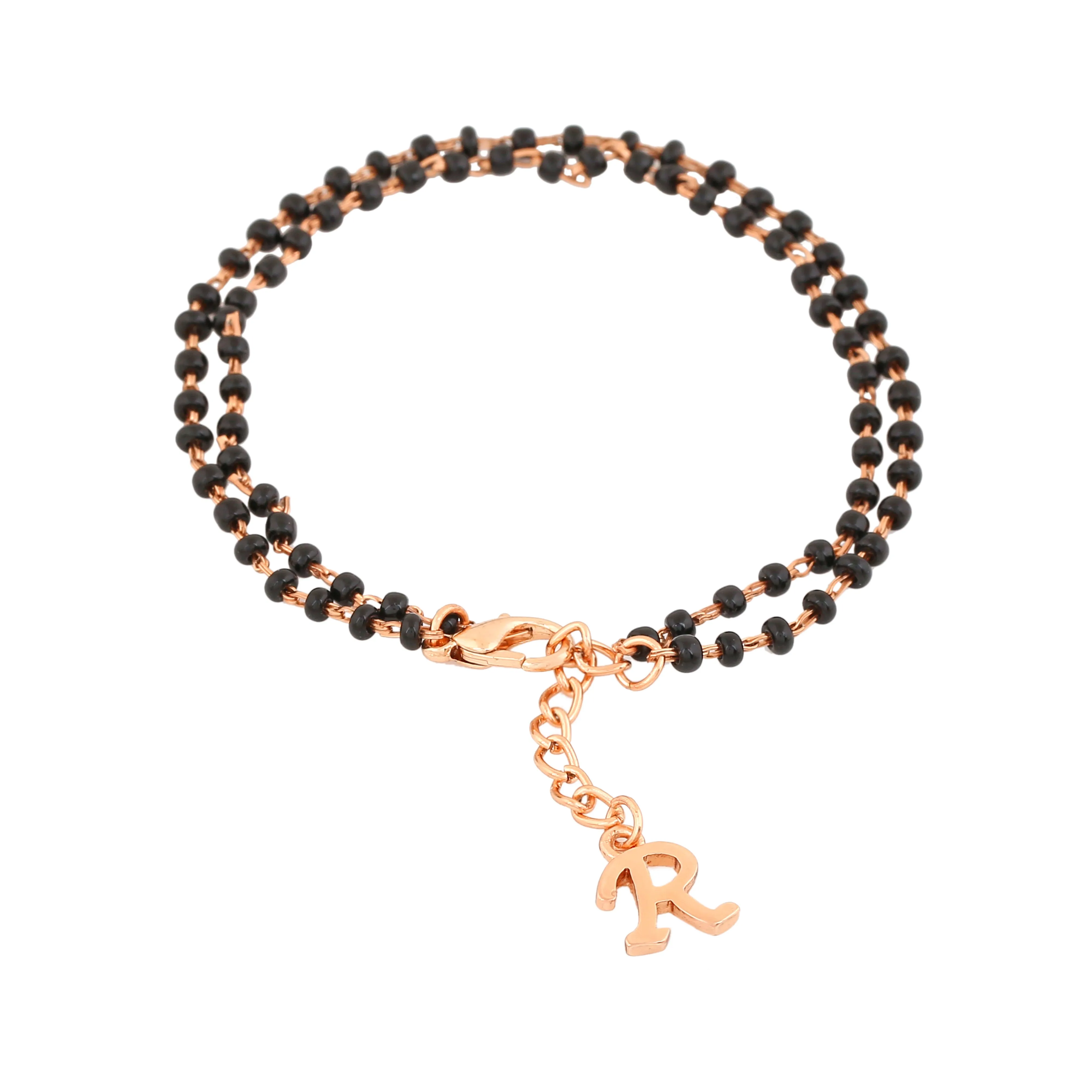 Estele Rose Gold Plated Personalized "R" Initial Mangalsutra Charm Bracelet with Black Beads for Women