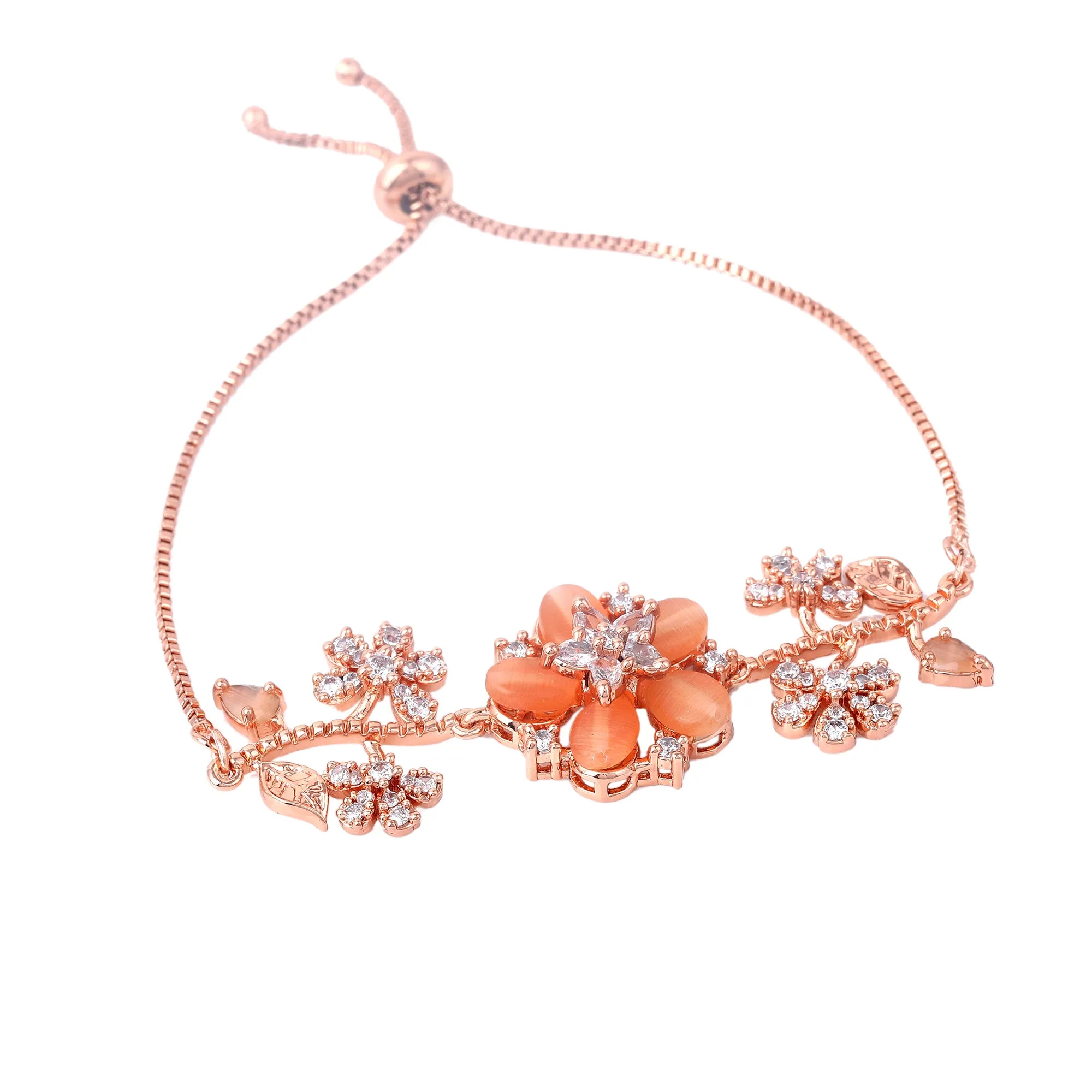 Estele Rosegold Plated Blossom-Accented Mint Orange Beads Adjustable Varya Bracelet | A Graceful Adornment for Women