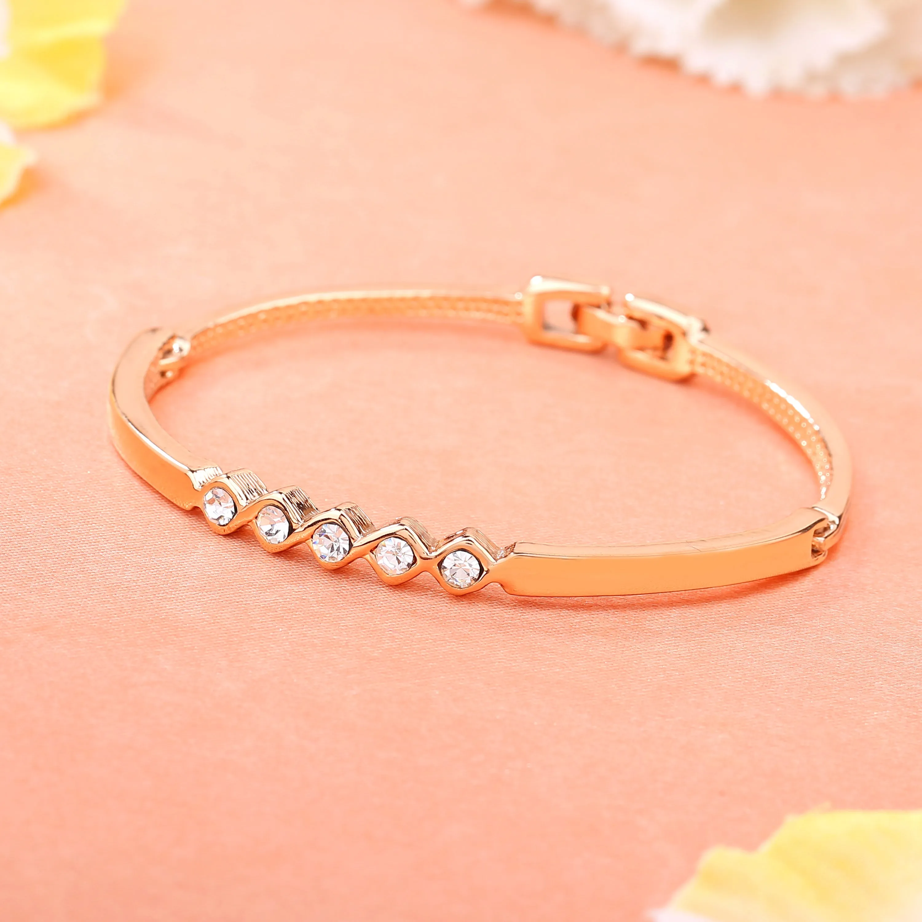 Estele Rosegold Plated Classic Cuff Bracelet with White Austrian Crystals for Women