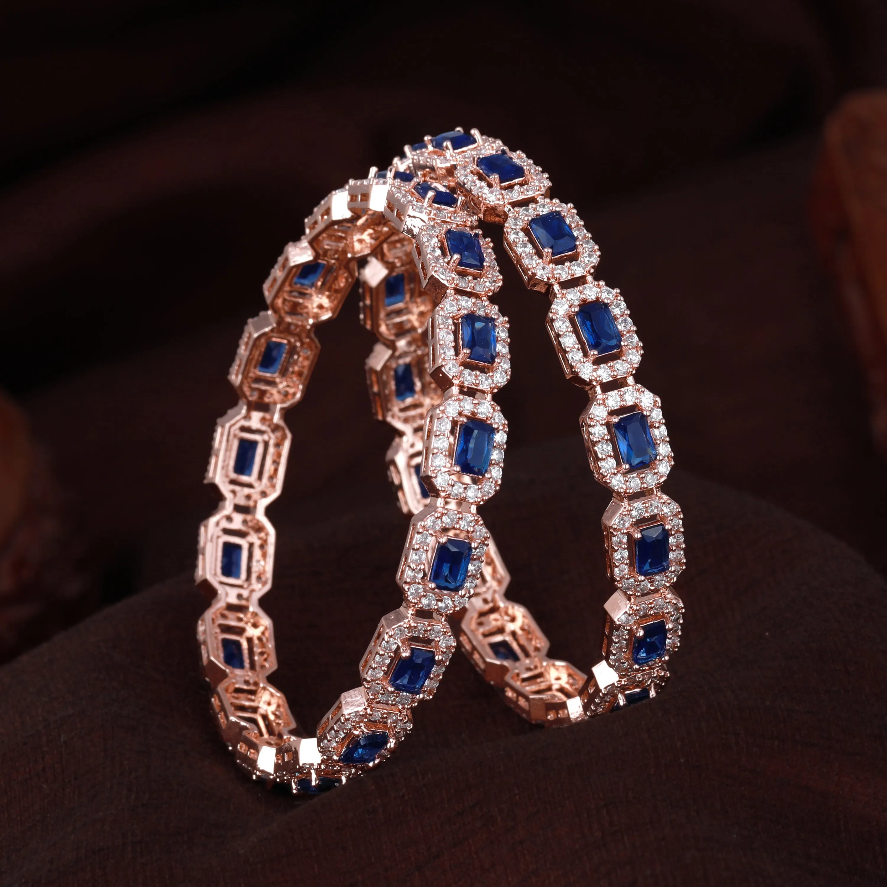 Estele Rosegold Plated Dazzling Blue American Diamond Bangles for Women| Available Sizes 2:4, 2:6, & 2:8| A Unique Statement of Style & Grace