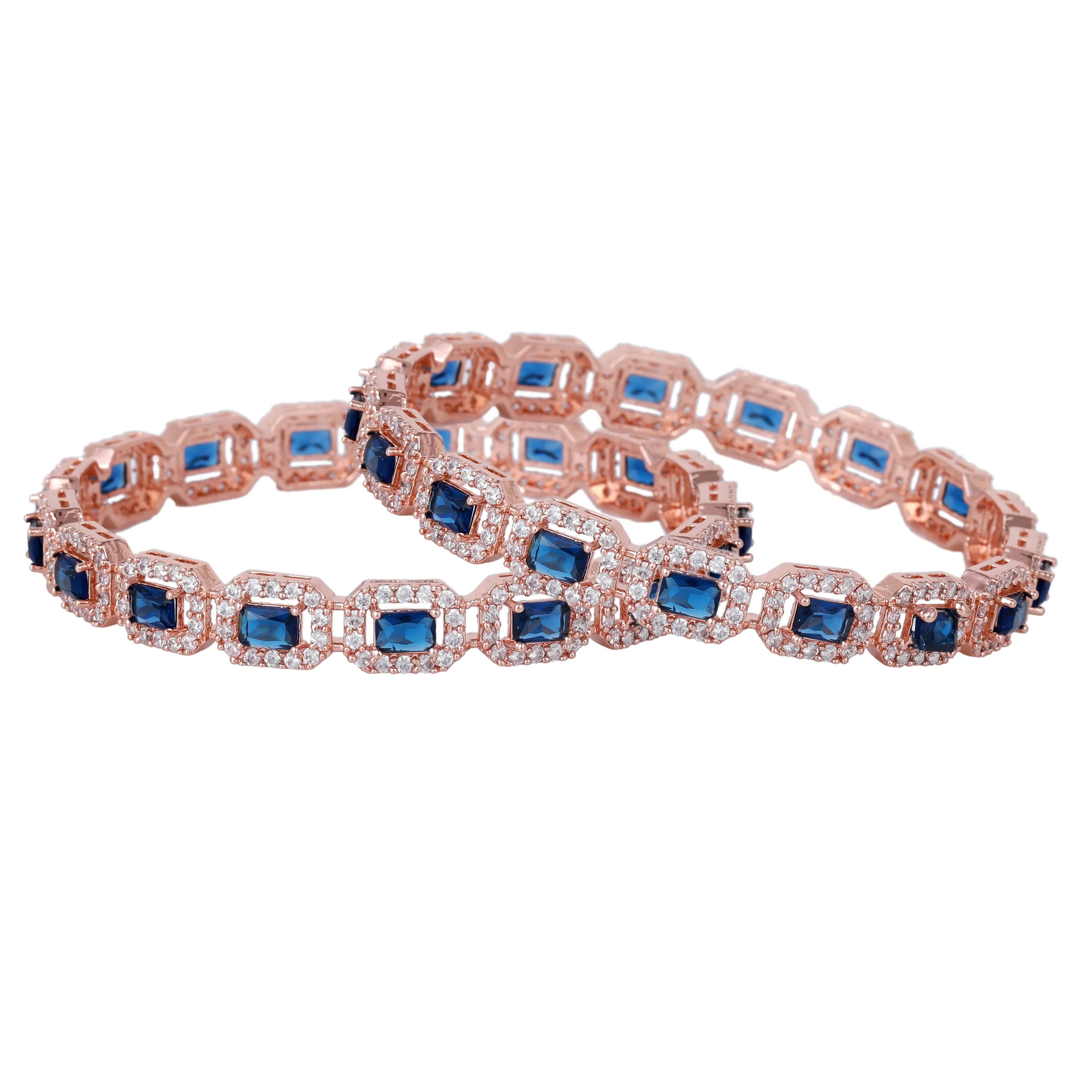 Estele Rosegold Plated Dazzling Blue American Diamond Bangles for Women| Available Sizes 2:4, 2:6, & 2:8| A Unique Statement of Style & Grace