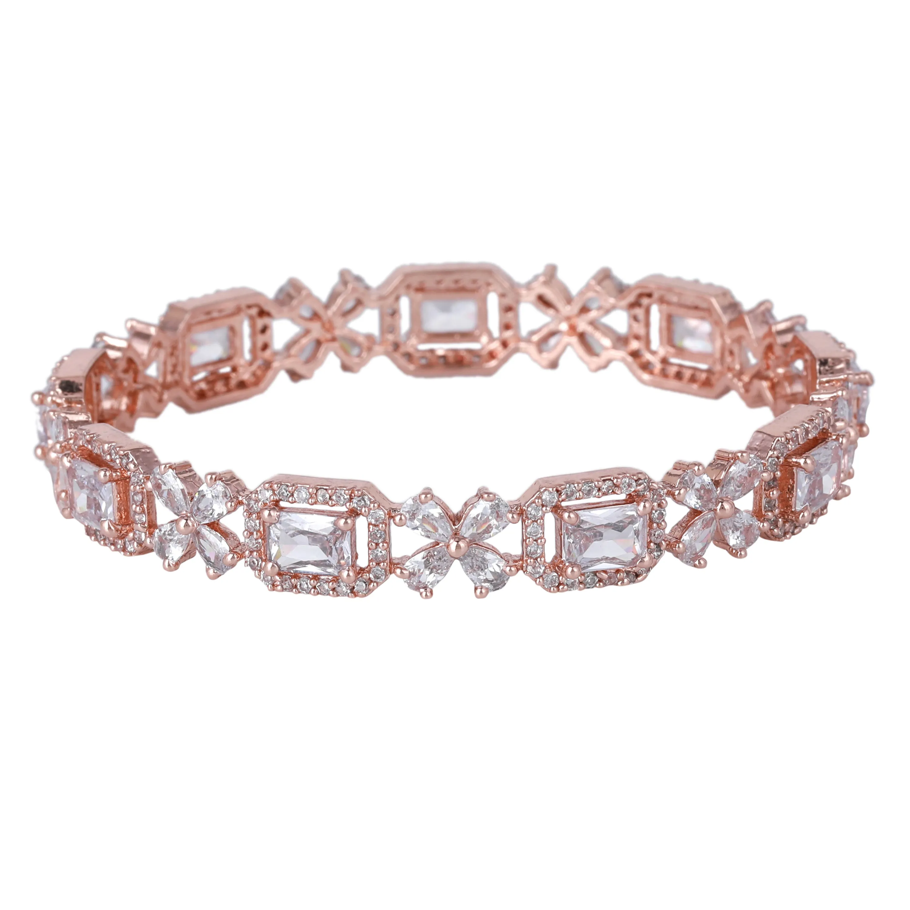 Estele Rosegold Plated Dazzling White American Diamond Floral Bangles|Available in 2:4, 2:6, & 2:8 Sizes |Perfect Blend of Glamour & Elegance for Women