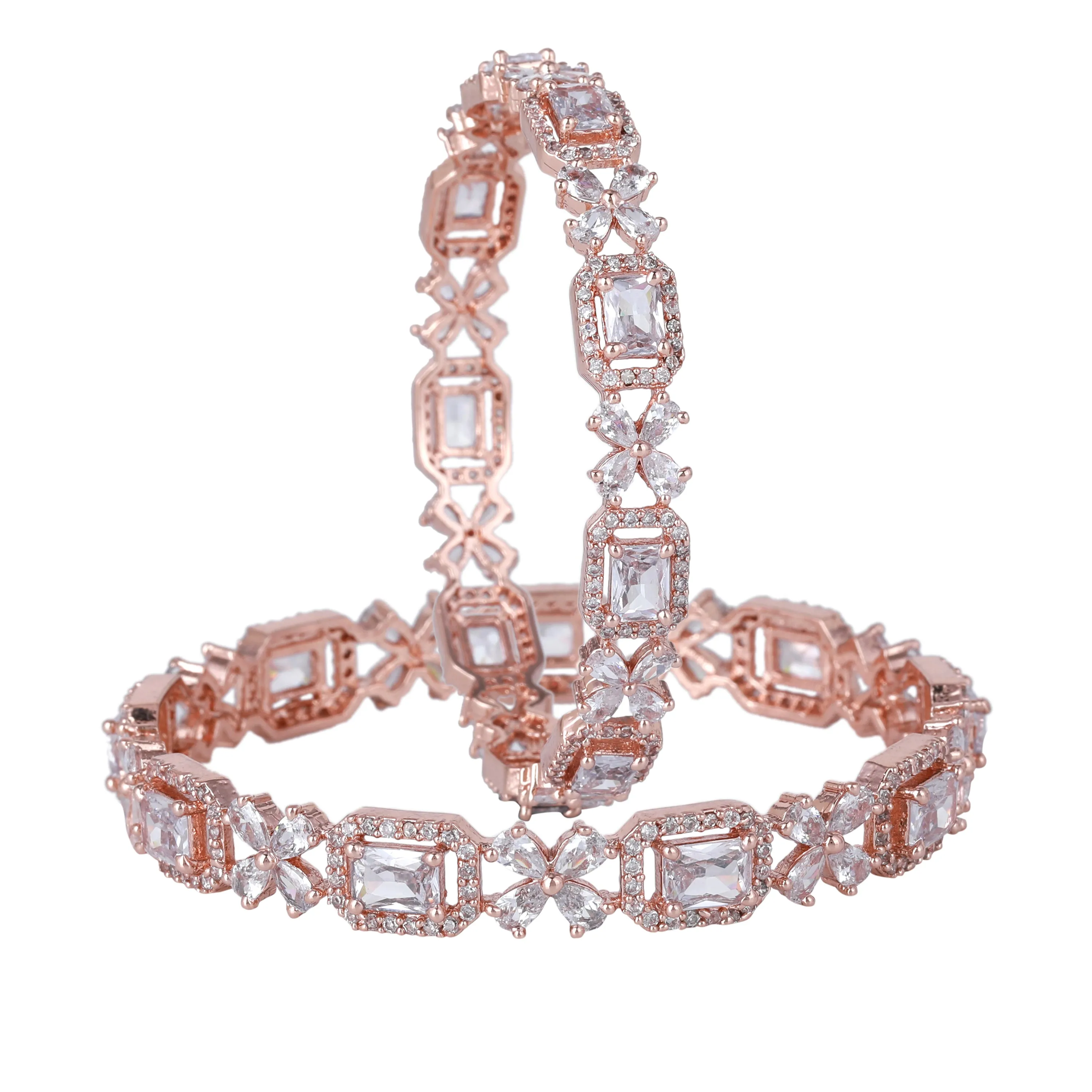 Estele Rosegold Plated Dazzling White American Diamond Floral Bangles|Available in 2:4, 2:6, & 2:8 Sizes |Perfect Blend of Glamour & Elegance for Women