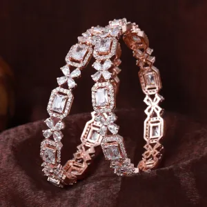 Estele Rosegold Plated Dazzling White American Diamond Floral Bangles|Available in 2:4, 2:6, & 2:8 Sizes |Perfect Blend of Glamour & Elegance for Women