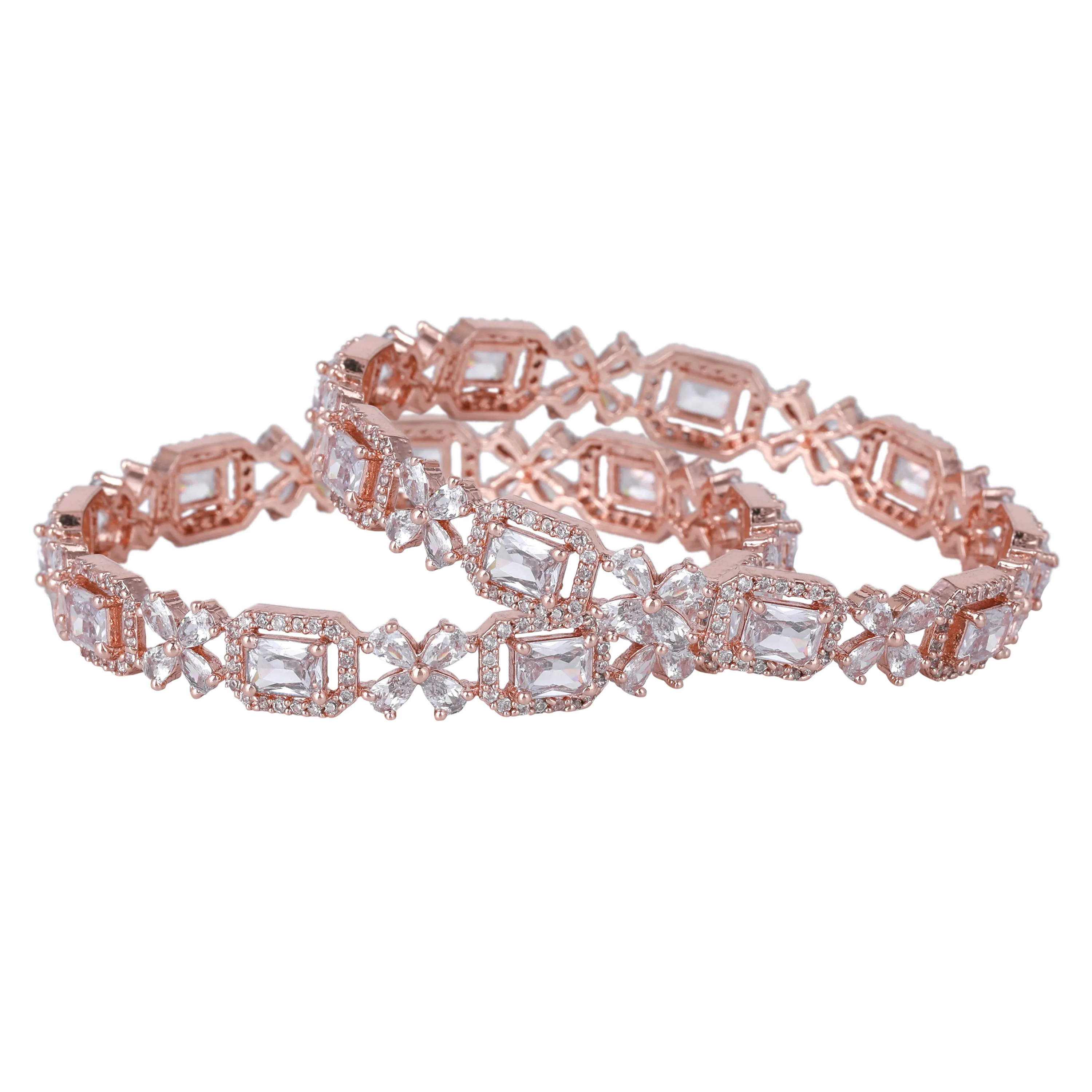 Estele Rosegold Plated Dazzling White American Diamond Floral Bangles|Available in 2:4, 2:6, & 2:8 Sizes |Perfect Blend of Glamour & Elegance for Women