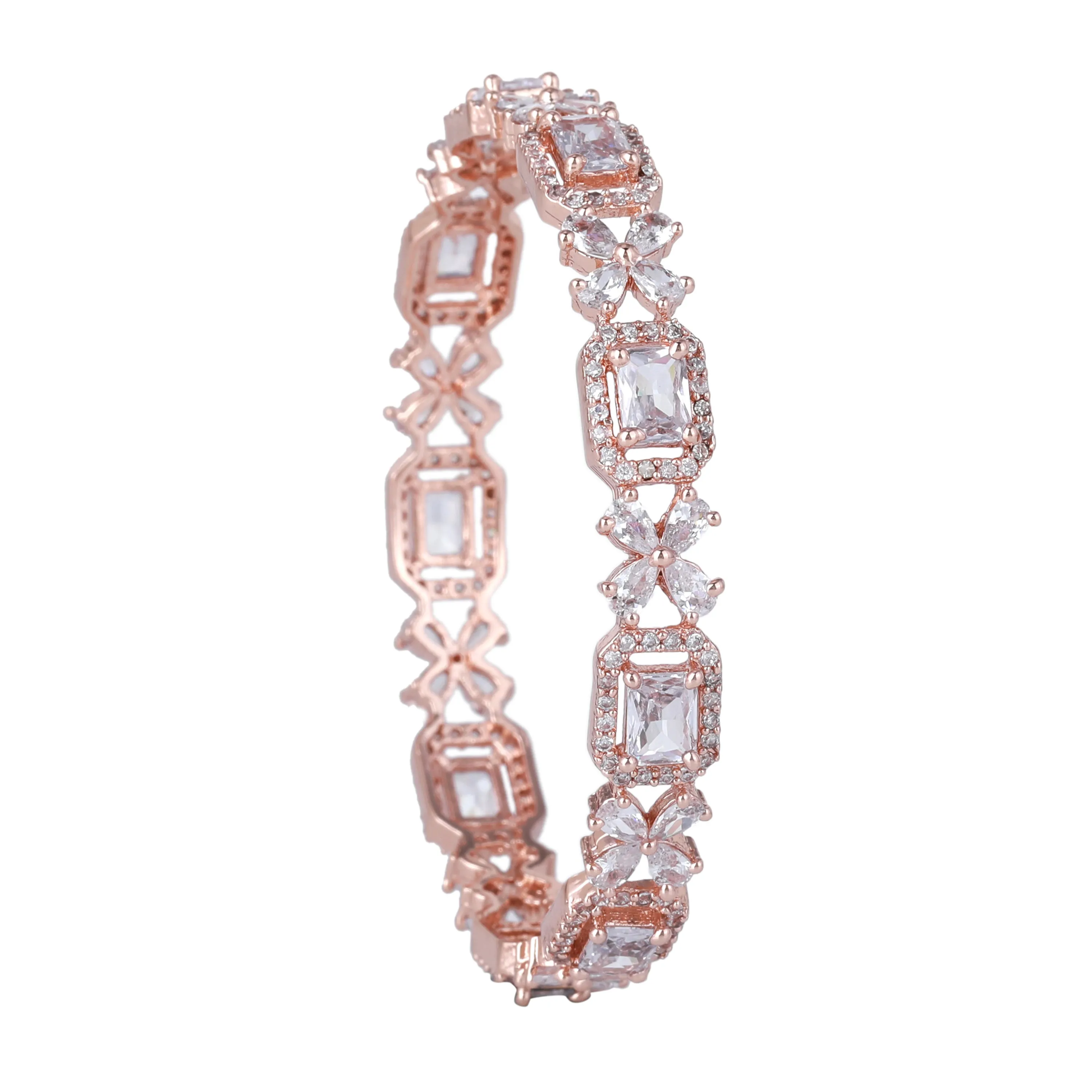 Estele Rosegold Plated Dazzling White American Diamond Floral Bangles|Available in 2:4, 2:6, & 2:8 Sizes |Perfect Blend of Glamour & Elegance for Women