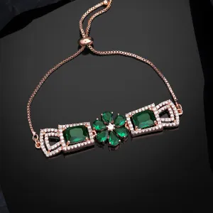 Estele Rosegold Plated Elegant Floral Designer Adjustable Charm Bracelet with Stunning Green American Diamonds for Women