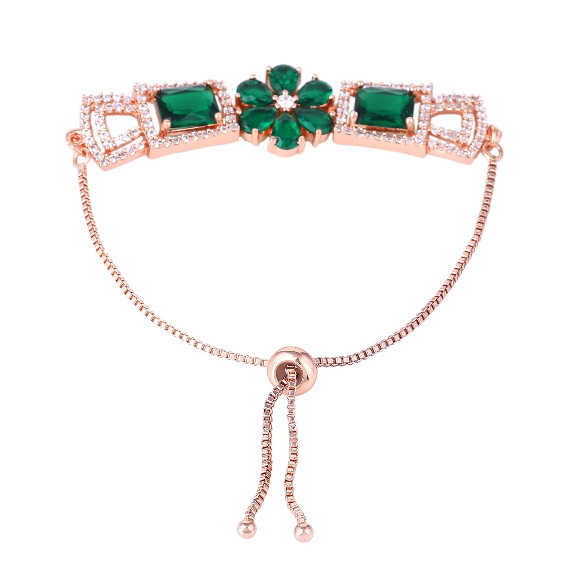 Estele Rosegold Plated Elegant Floral Designer Adjustable Charm Bracelet with Stunning Green American Diamonds for Women