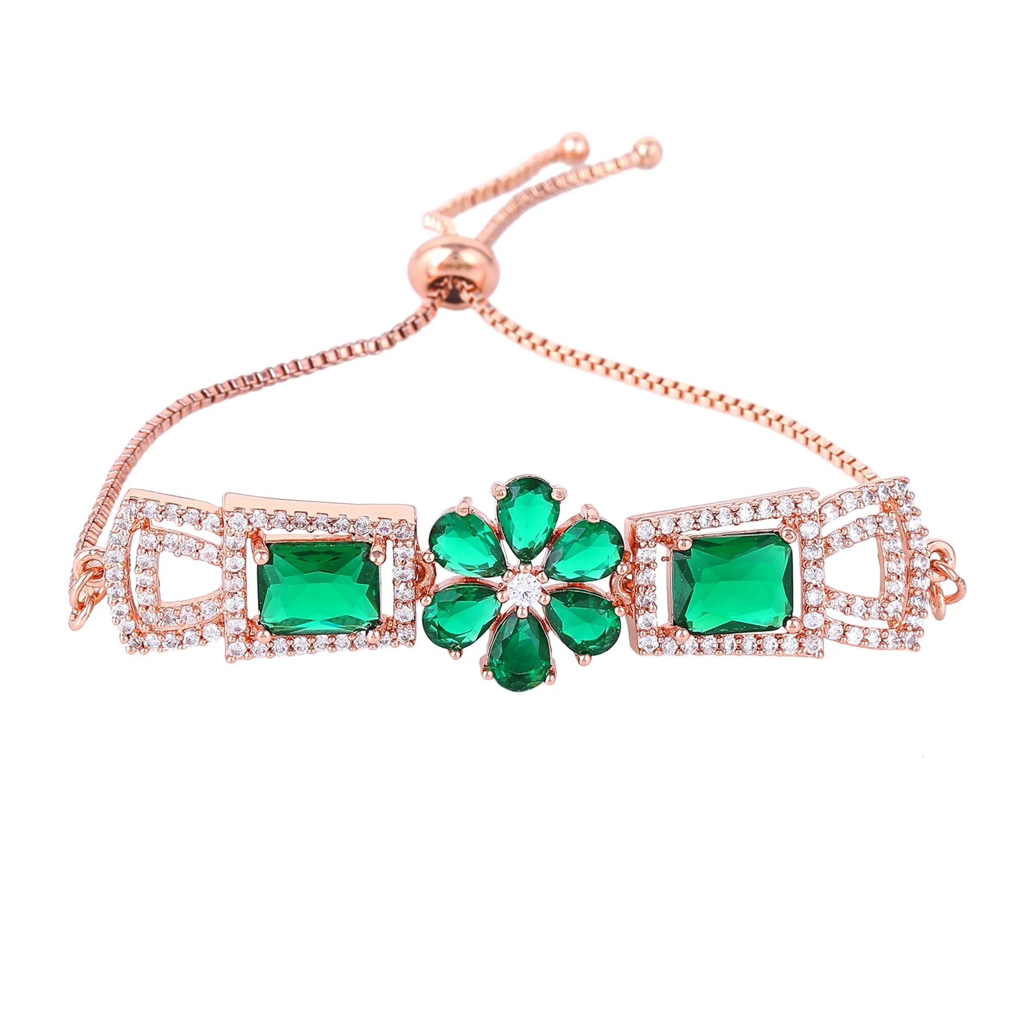 Estele Rosegold Plated Elegant Floral Designer Adjustable Charm Bracelet with Stunning Green American Diamonds for Women