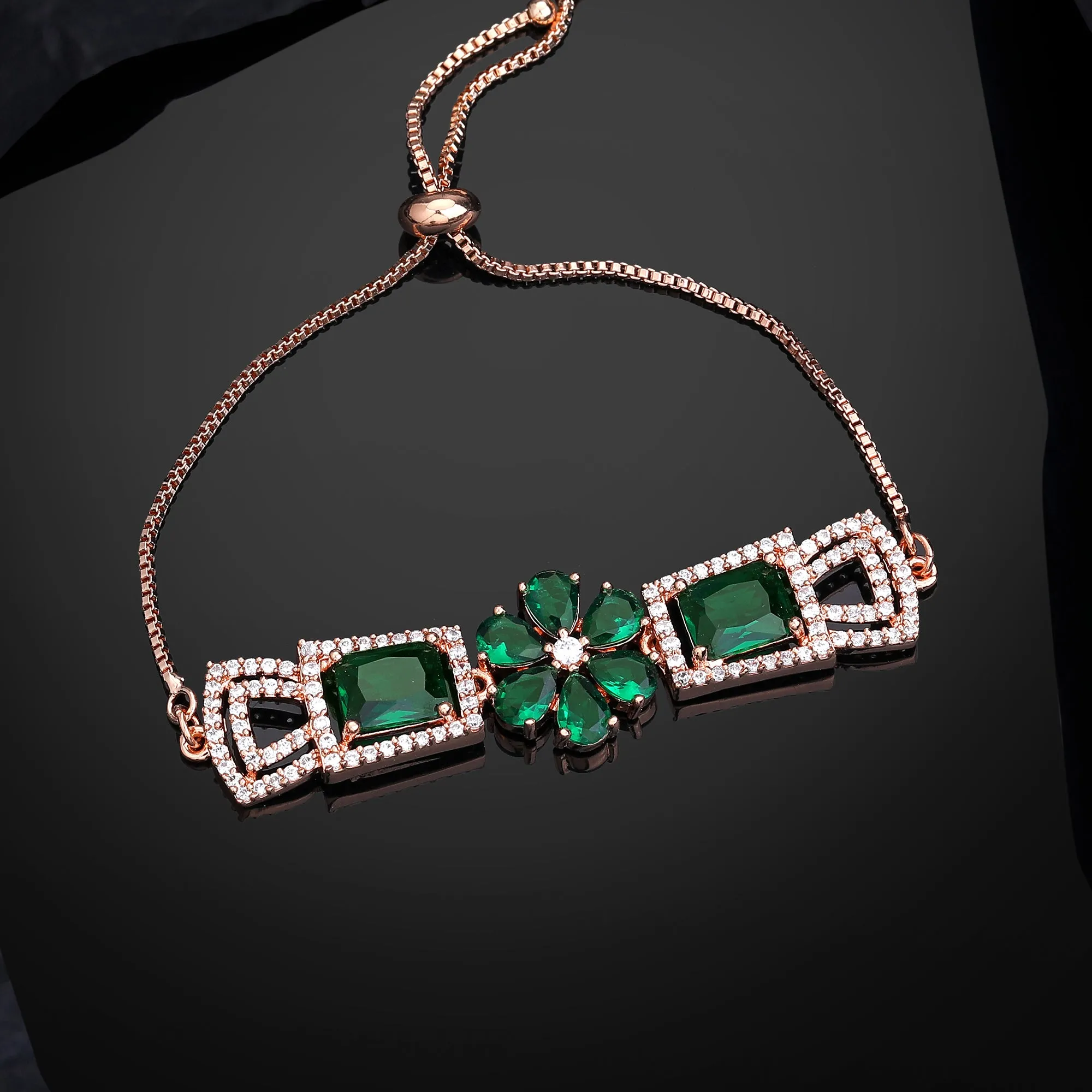 Estele Rosegold Plated Elegant Floral Designer Adjustable Charm Bracelet with Stunning Green American Diamonds for Women