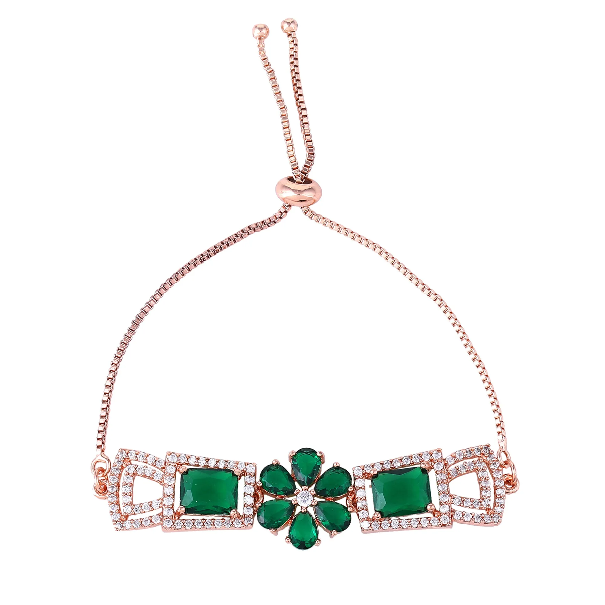 Estele Rosegold Plated Elegant Floral Designer Adjustable Charm Bracelet with Stunning Green American Diamonds for Women