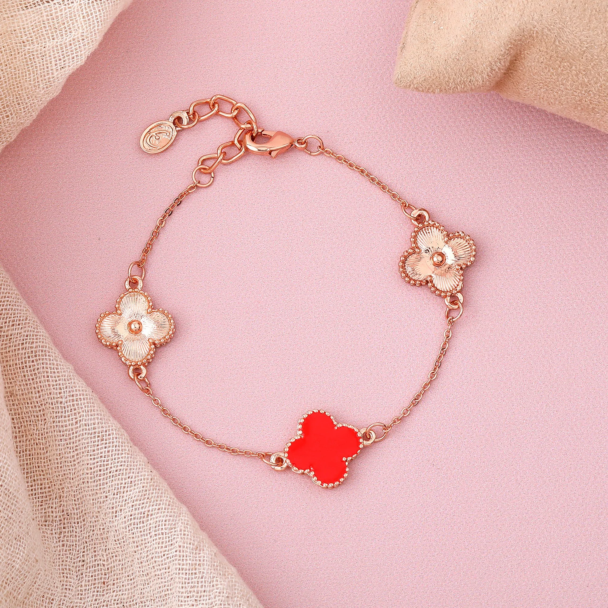 Estele Rosegold Plated Fancy Red Clover Leaf Designer Adjustable Charm Bracelet for Girls and Women