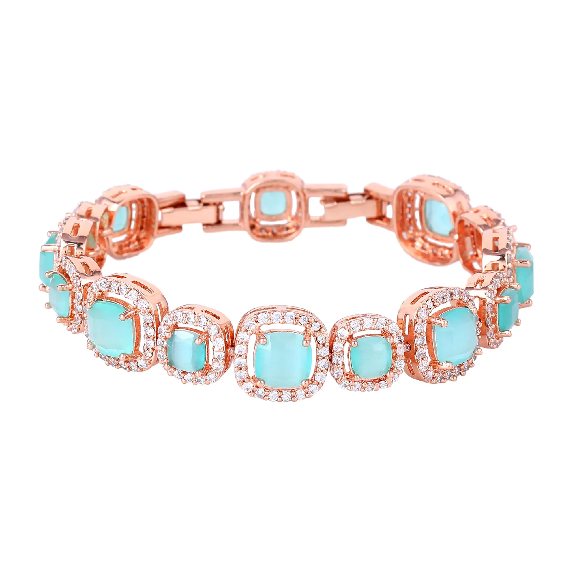 Estele Rosegold Plated Glossy Mint Green American Diamond Adorned Charm Bracelet-Sparkling Jewelry for Women