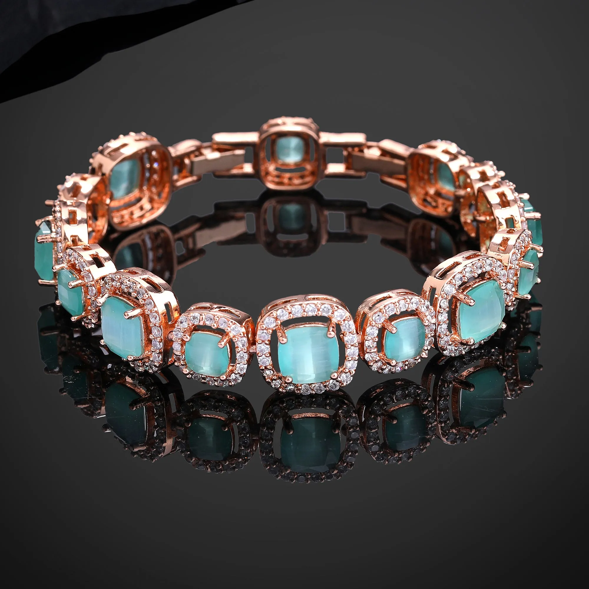 Estele Rosegold Plated Glossy Mint Green American Diamond Adorned Charm Bracelet-Sparkling Jewelry for Women