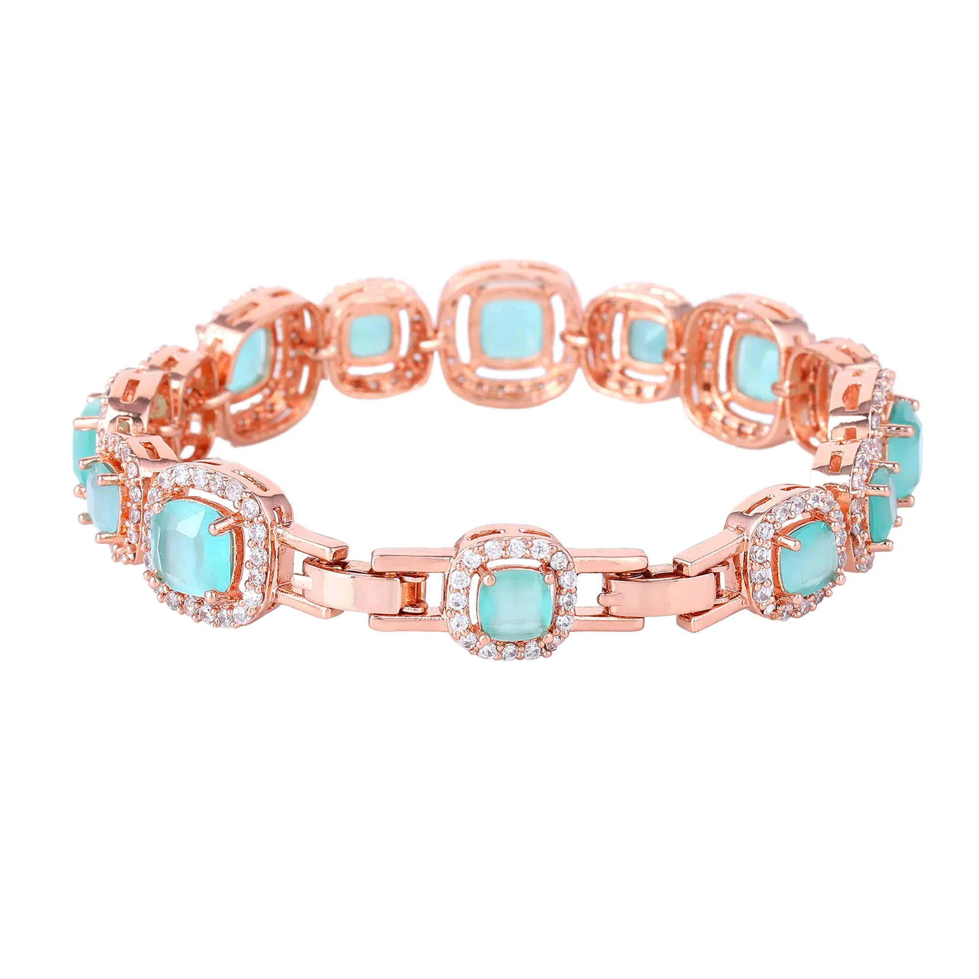 Estele Rosegold Plated Glossy Mint Green American Diamond Adorned Charm Bracelet-Sparkling Jewelry for Women