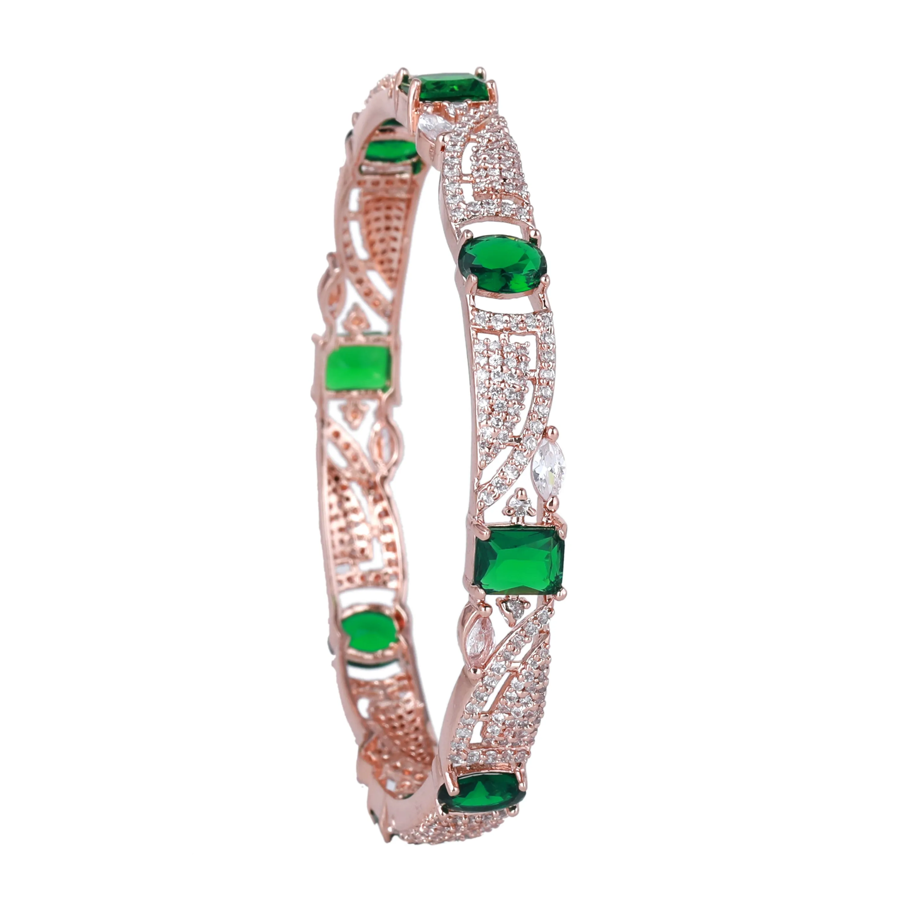 Estele Rosegold Plated Luxurious Green American Diamond Bangles |Available in 2:4, 2:6 & 2:8 Sizes|Perfect Blend of Glamour & Elegance for Women