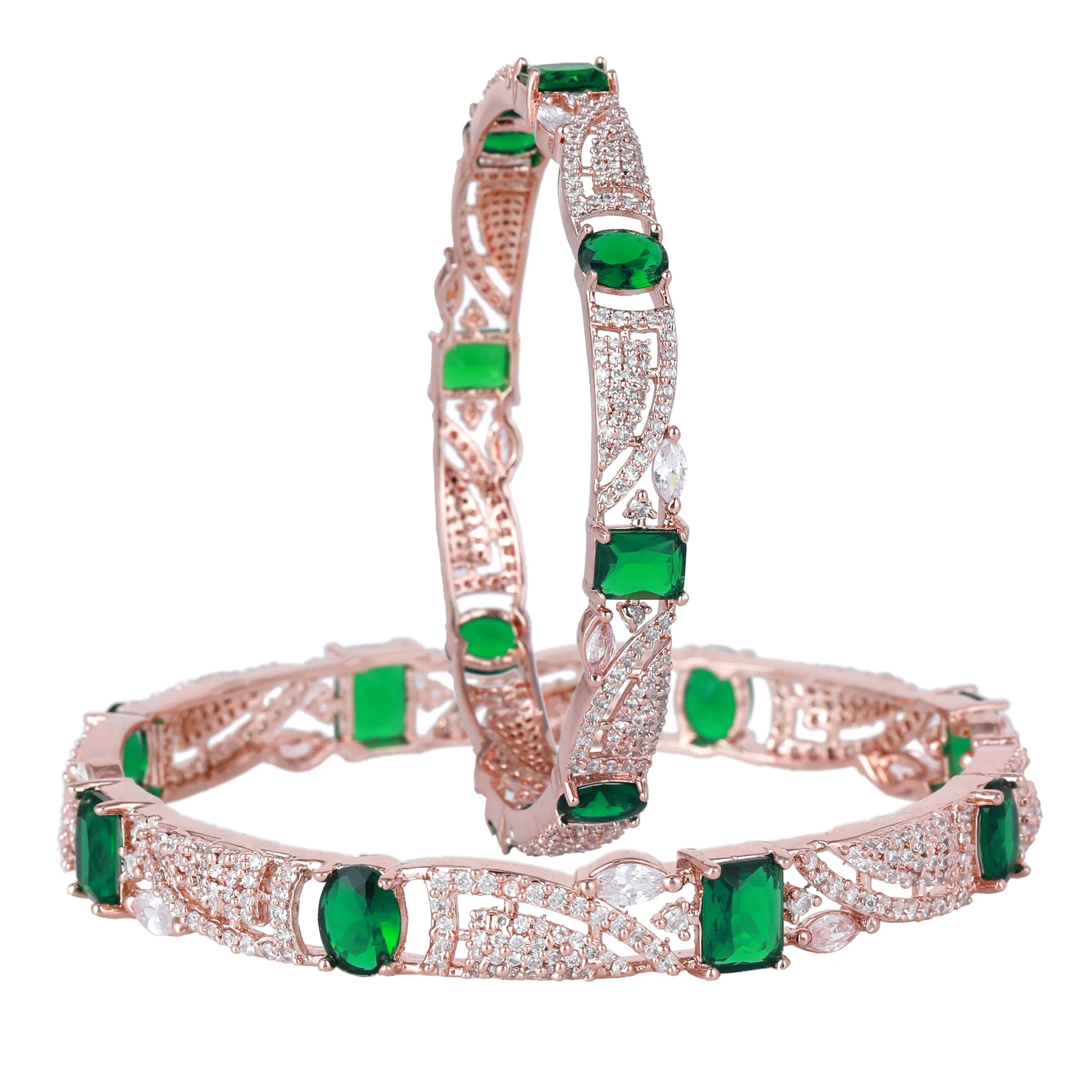 Estele Rosegold Plated Luxurious Green American Diamond Bangles |Available in 2:4, 2:6 & 2:8 Sizes|Perfect Blend of Glamour & Elegance for Women