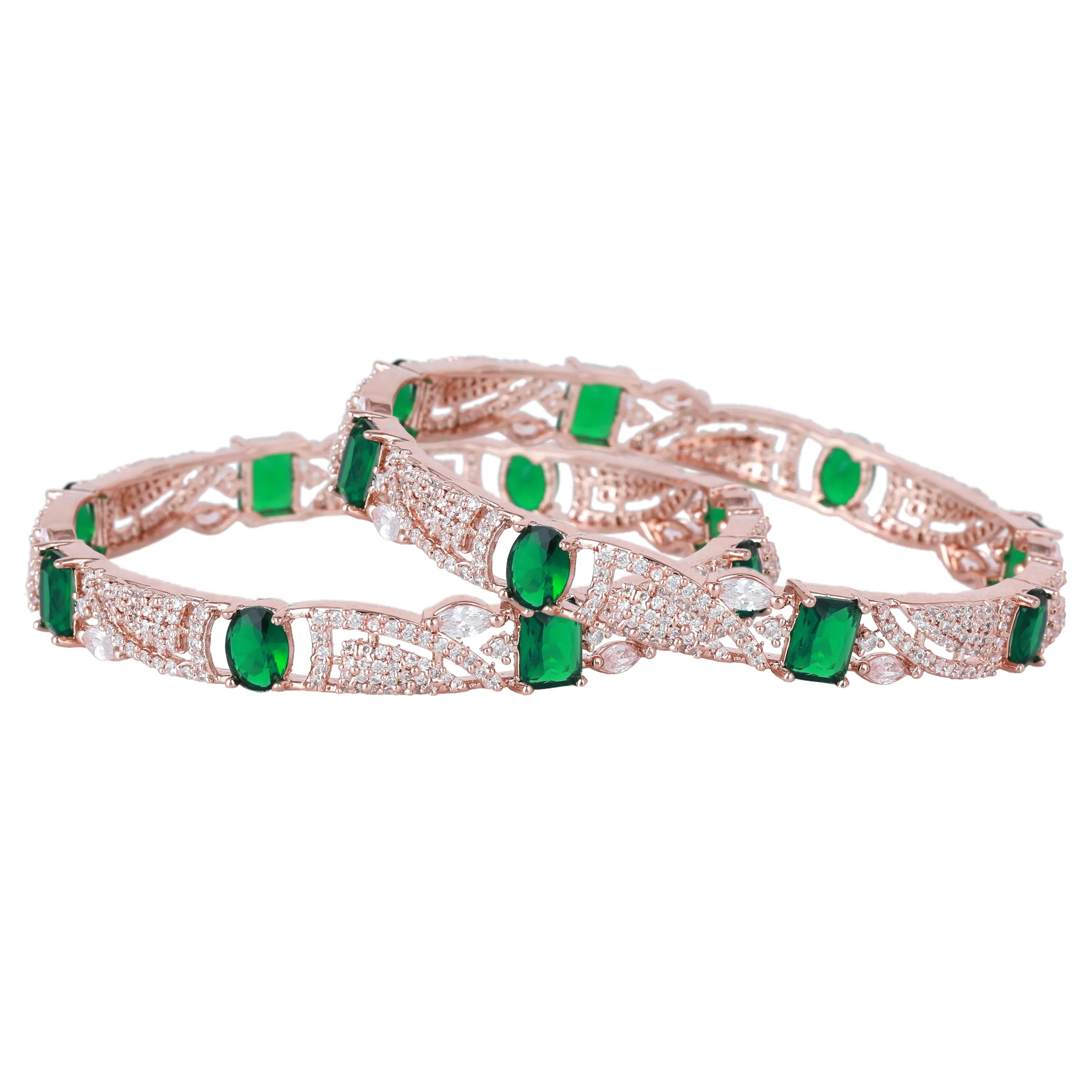 Estele Rosegold Plated Luxurious Green American Diamond Bangles |Available in 2:4, 2:6 & 2:8 Sizes|Perfect Blend of Glamour & Elegance for Women