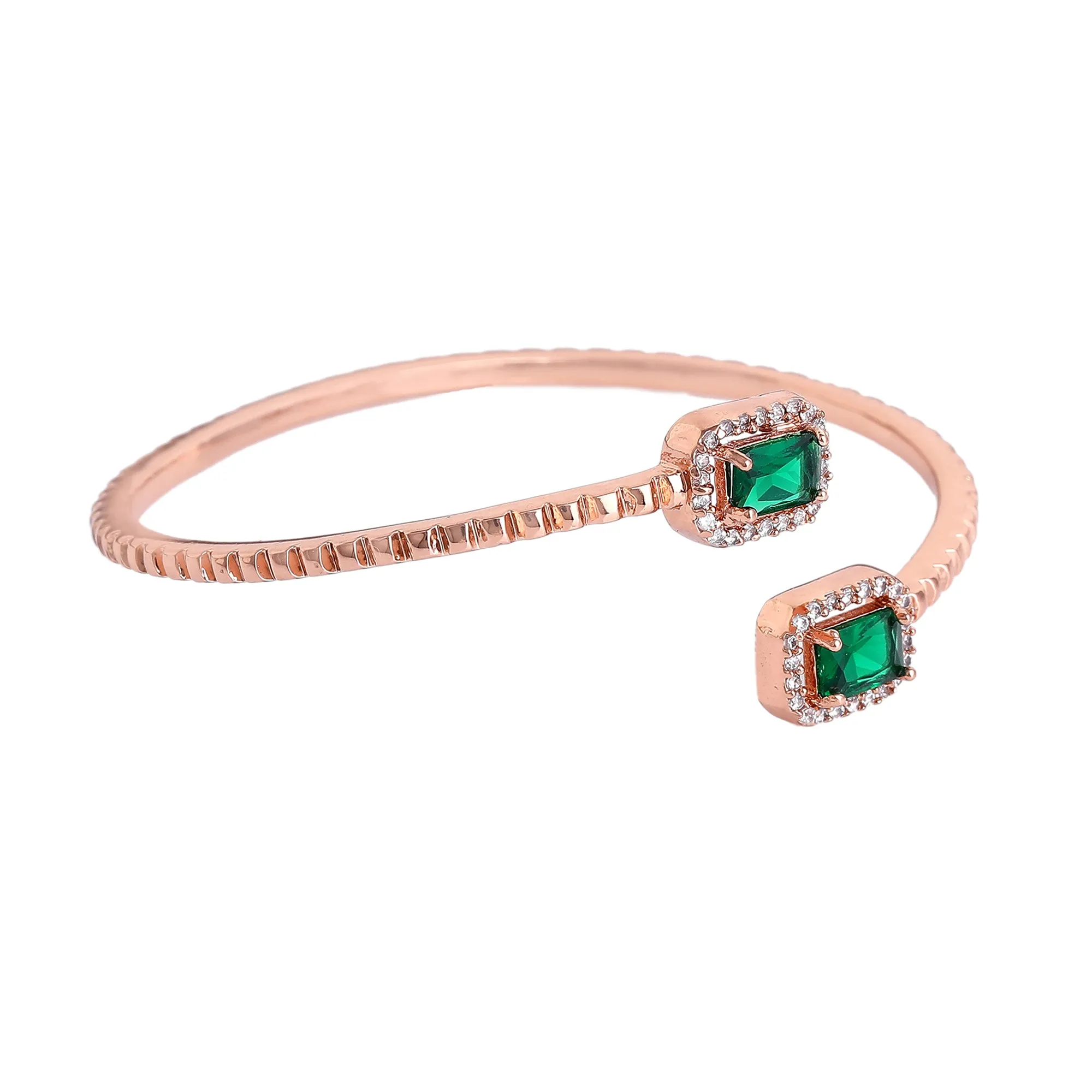 Estele Rosegold Plated Minimalist Lightweight Kada Bracelet with Dazzling Green Diamonds|Beautiful Jewelry for Women