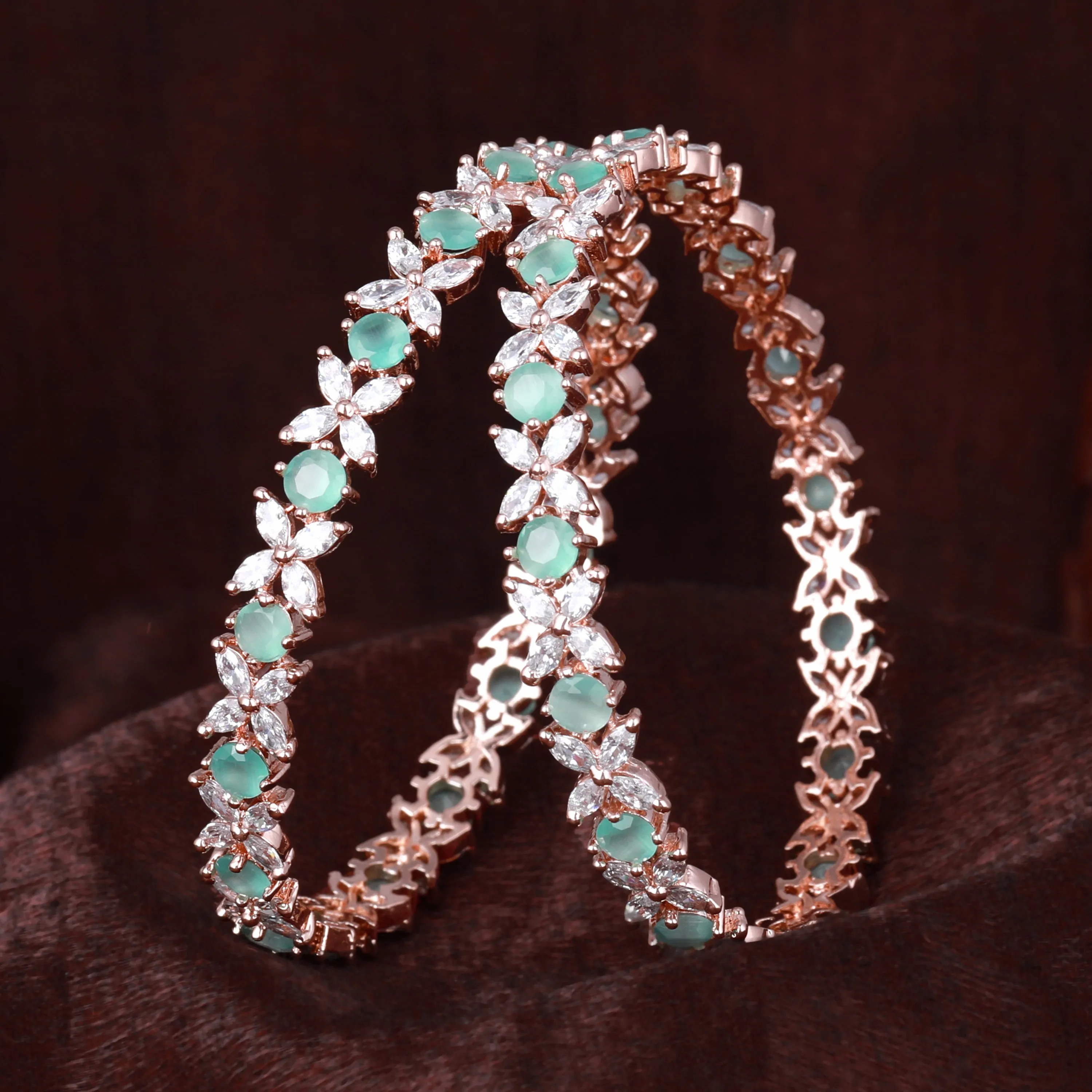 Estele Rosegold Plated Mint Green American Diamond Stunning Floral Bangles | Available in 2:4, 2:6, & 2:8 Sizes | Perfect Fit & Timeless Elegance for Women