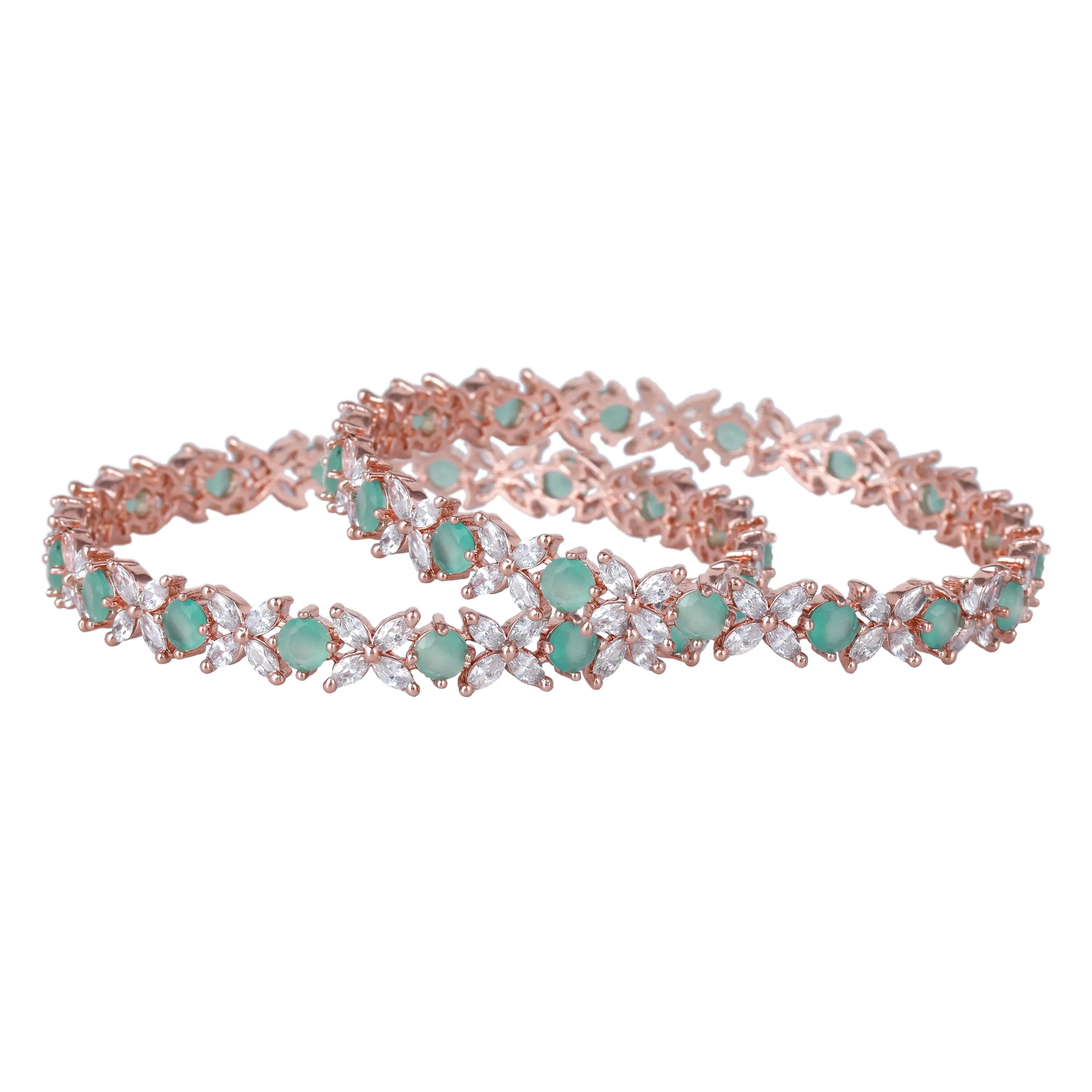 Estele Rosegold Plated Mint Green American Diamond Stunning Floral Bangles | Available in 2:4, 2:6, & 2:8 Sizes | Perfect Fit & Timeless Elegance for Women