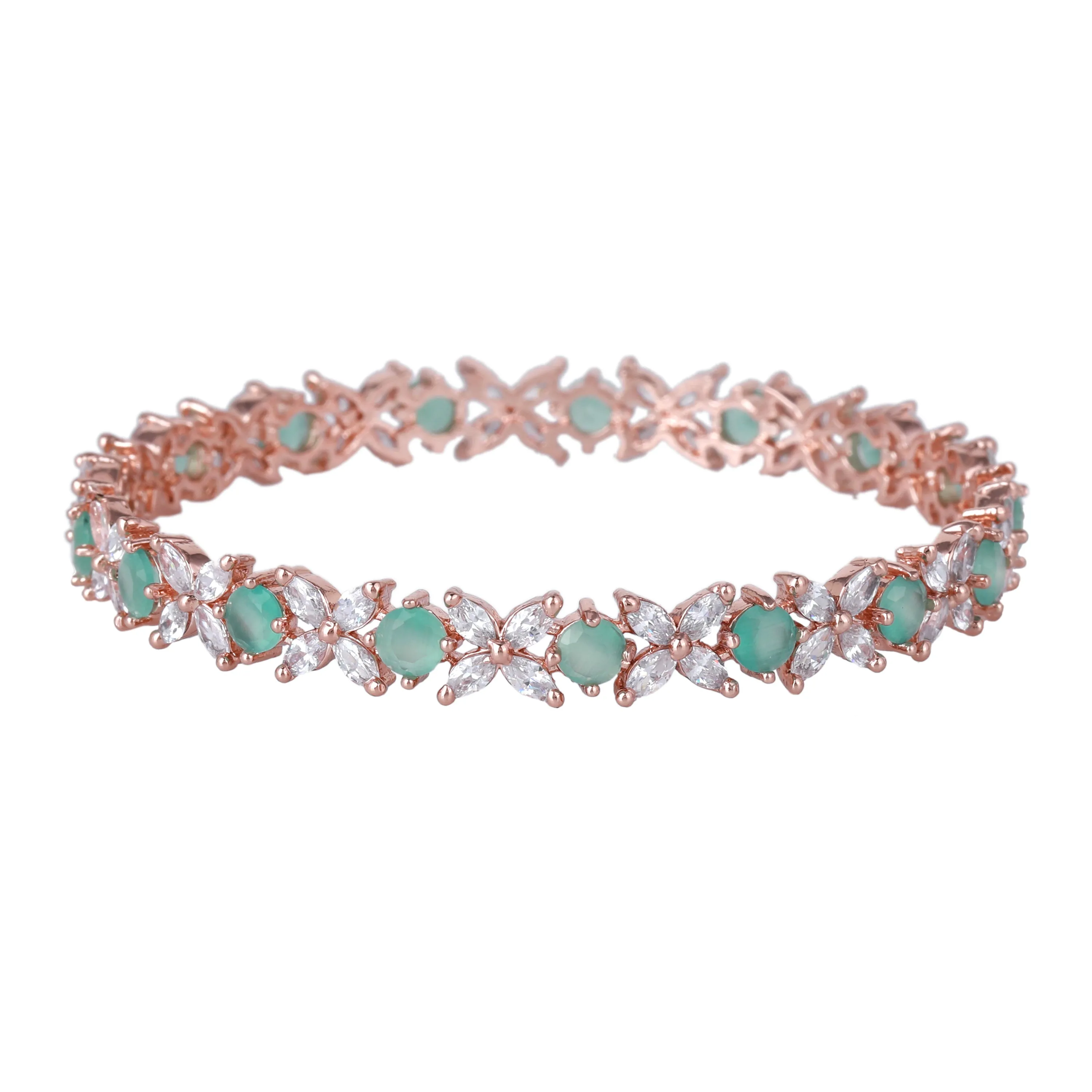 Estele Rosegold Plated Mint Green American Diamond Stunning Floral Bangles | Available in 2:4, 2:6, & 2:8 Sizes | Perfect Fit & Timeless Elegance for Women