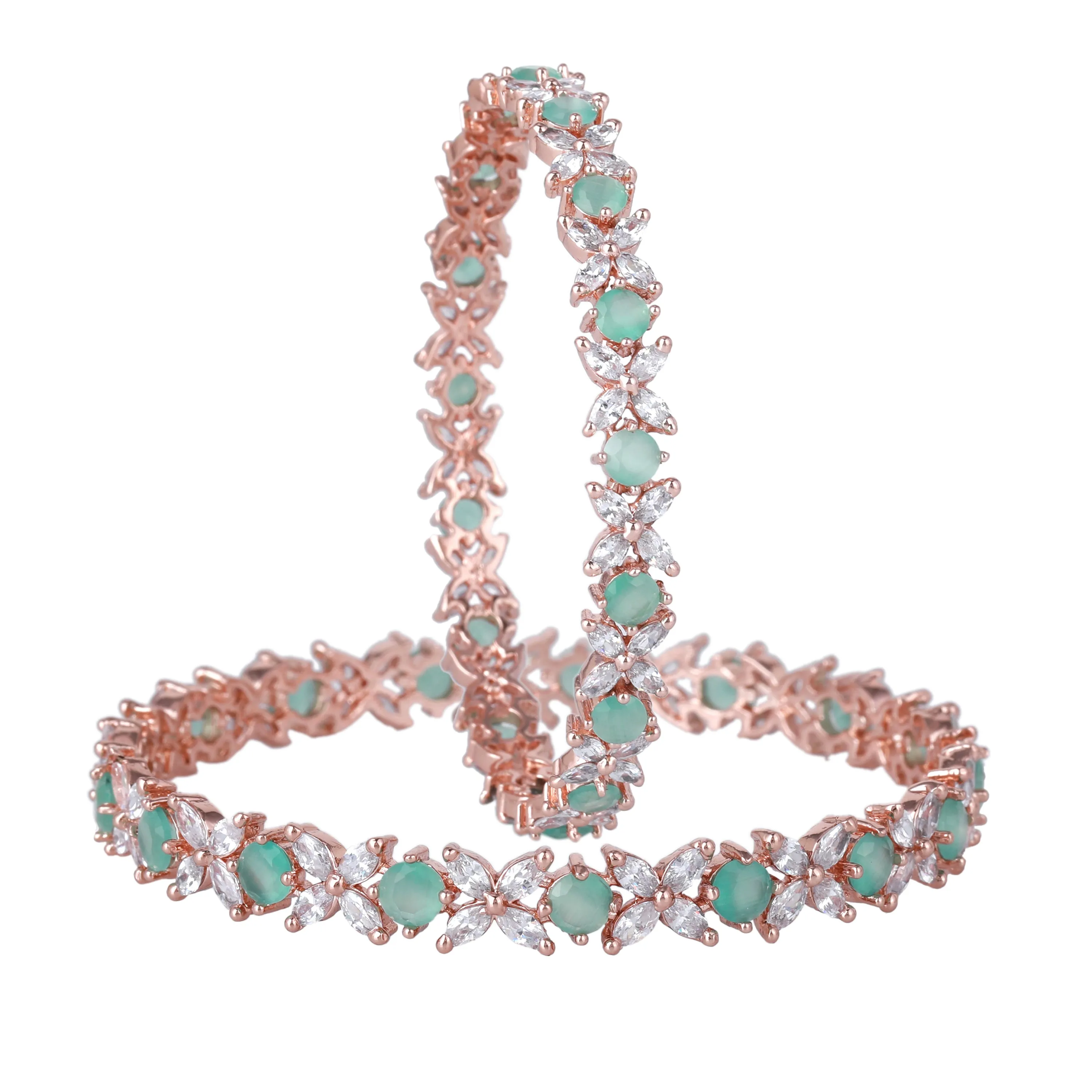 Estele Rosegold Plated Mint Green American Diamond Stunning Floral Bangles | Available in 2:4, 2:6, & 2:8 Sizes | Perfect Fit & Timeless Elegance for Women