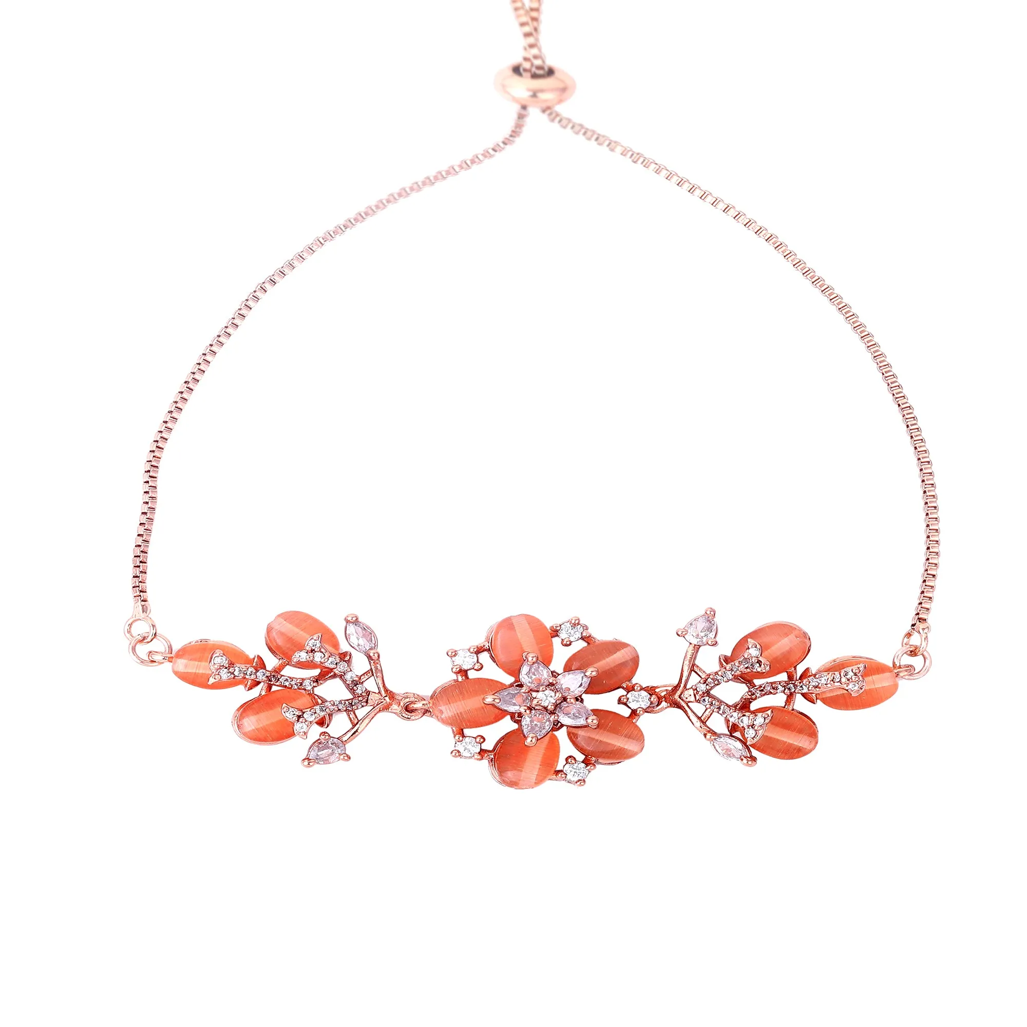 Estele Rosegold Plated Mint Orange Beads Accented Adjustable Floral Varya Bracelet|A Stylish Ornament for Trendy Women