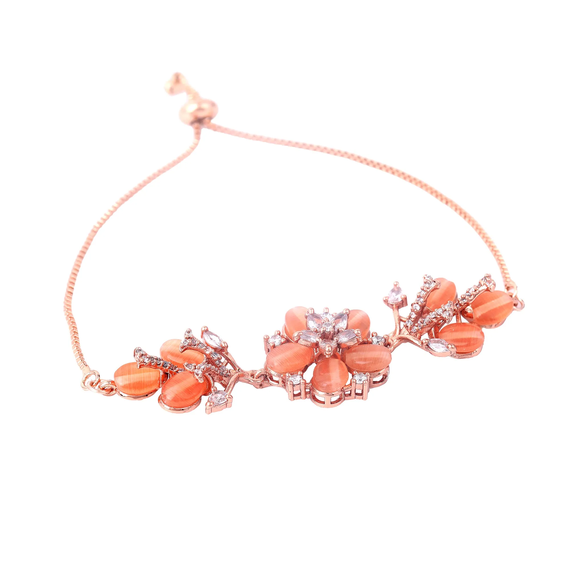 Estele Rosegold Plated Mint Orange Beads Accented Adjustable Floral Varya Bracelet|A Stylish Ornament for Trendy Women