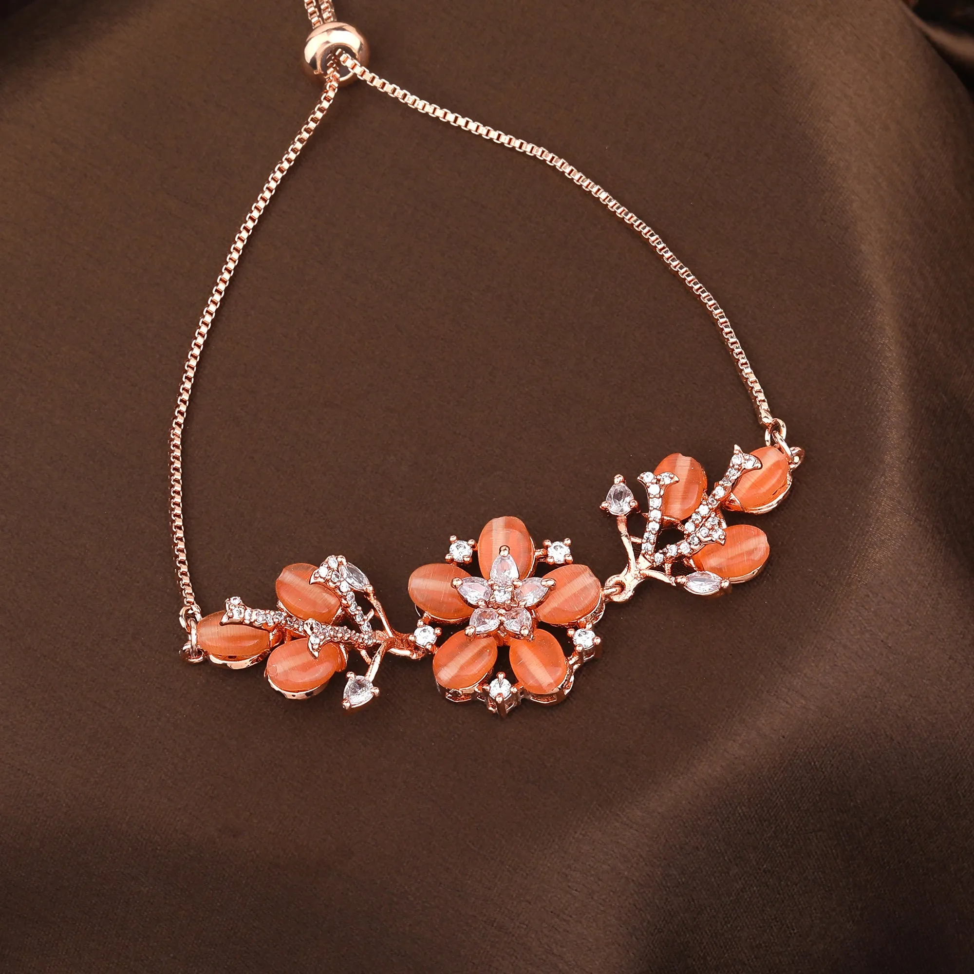 Estele Rosegold Plated Mint Orange Beads Accented Adjustable Floral Varya Bracelet|A Stylish Ornament for Trendy Women