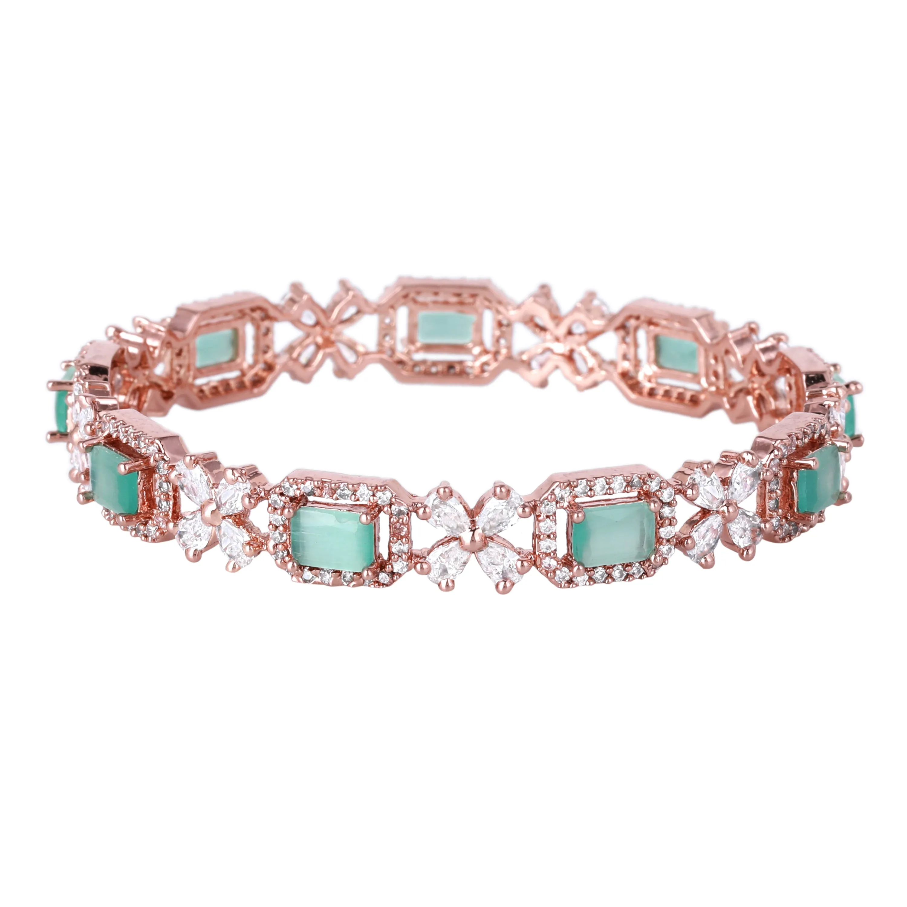 Estele Rosegold Plated Stunning Mint Green American Diamond Bangles|Available in 2:4, 2:6, & 2:8 Sizes|Perfect Blend of Glamour & Elegance for Women