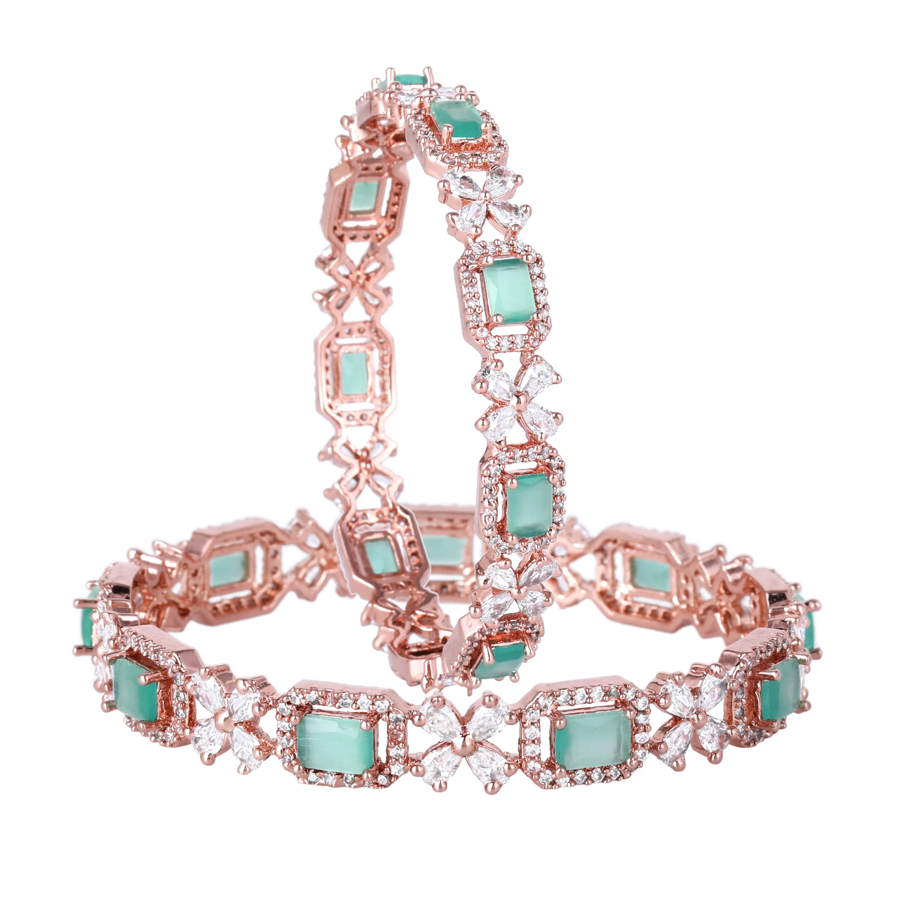 Estele Rosegold Plated Stunning Mint Green American Diamond Bangles|Available in 2:4, 2:6, & 2:8 Sizes|Perfect Blend of Glamour & Elegance for Women