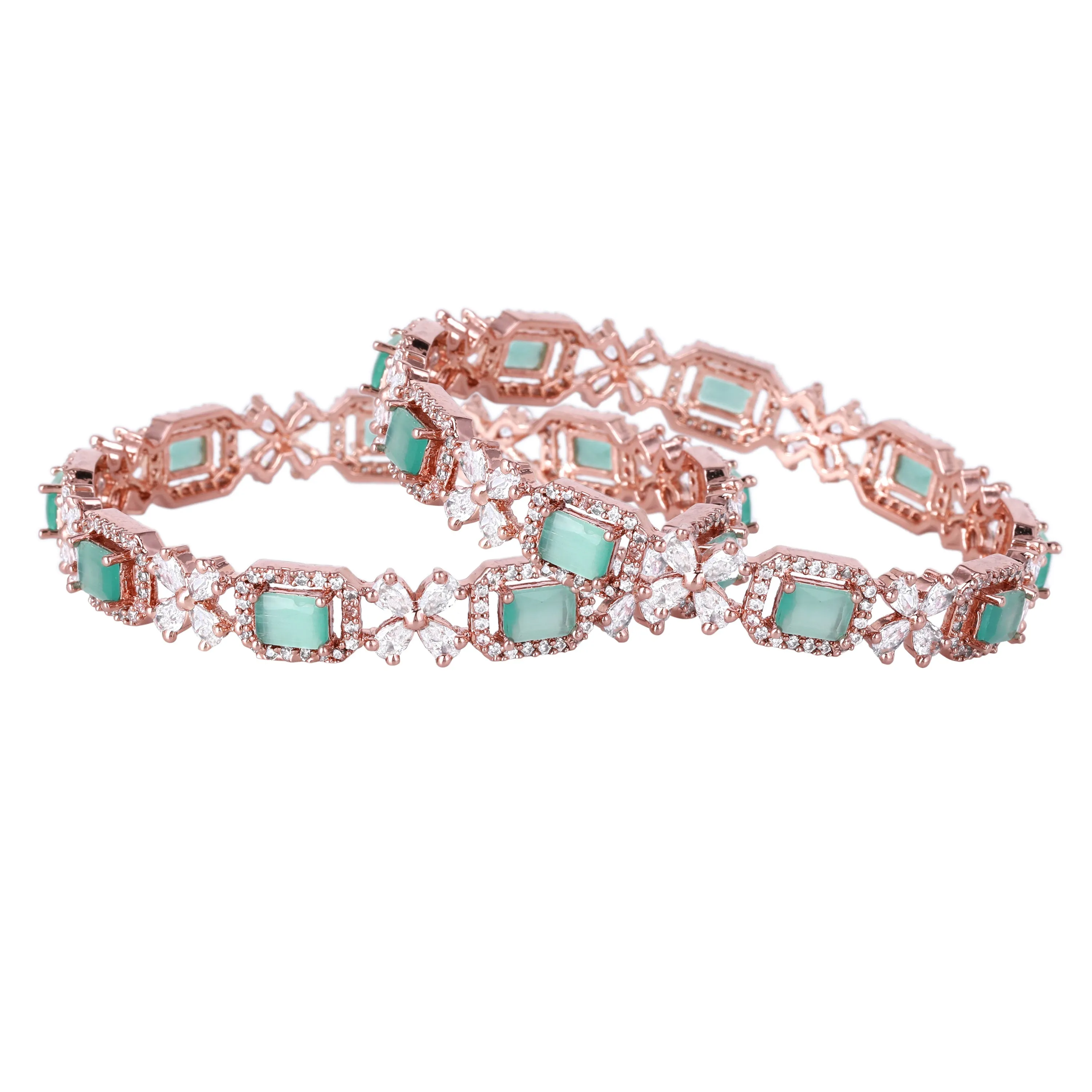 Estele Rosegold Plated Stunning Mint Green American Diamond Bangles|Available in 2:4, 2:6, & 2:8 Sizes|Perfect Blend of Glamour & Elegance for Women